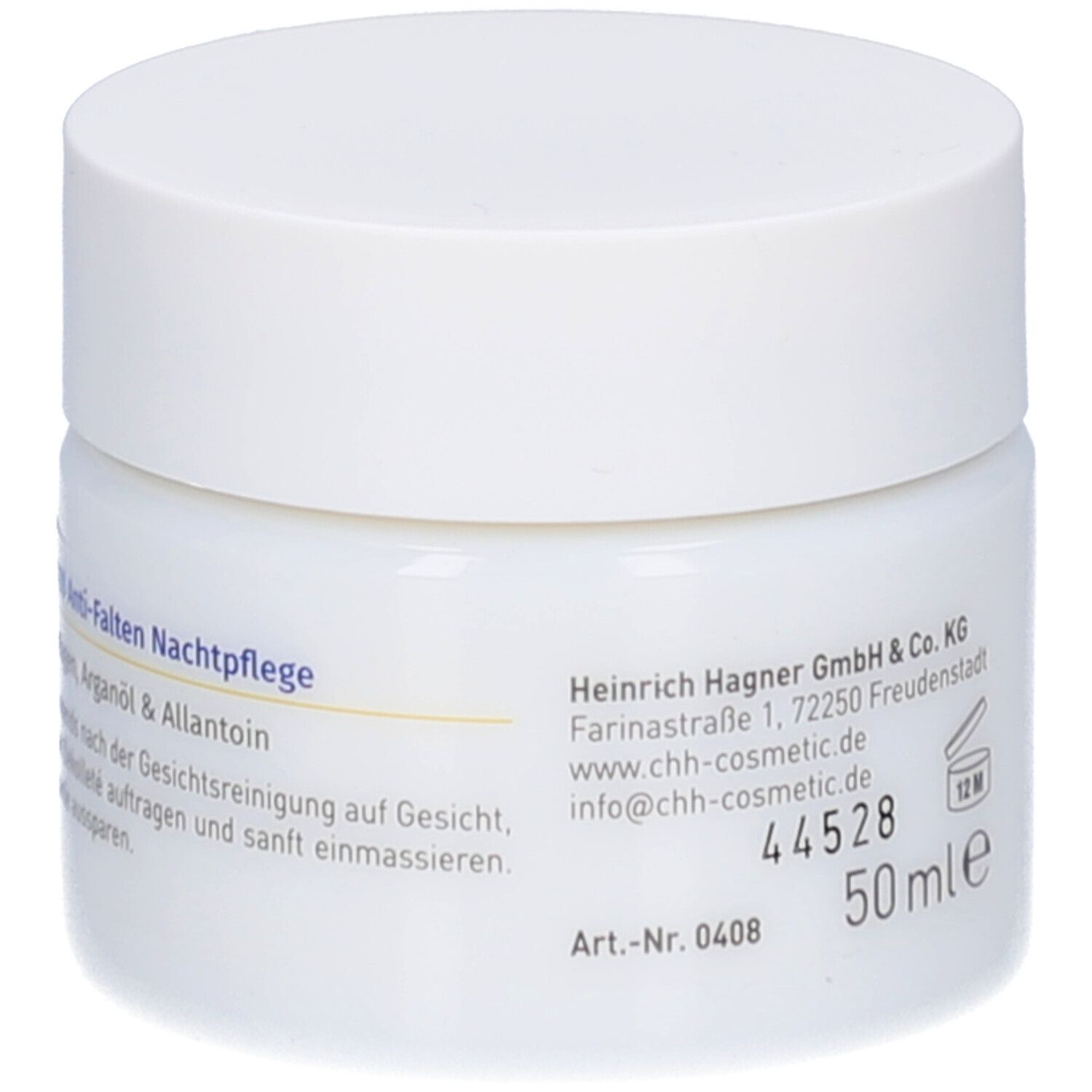 Weißes Tiegel mit weißem Deckel. Aufschrift: Anti-Falten Nachtpflege, 50 ml. Herstellerinformationen.