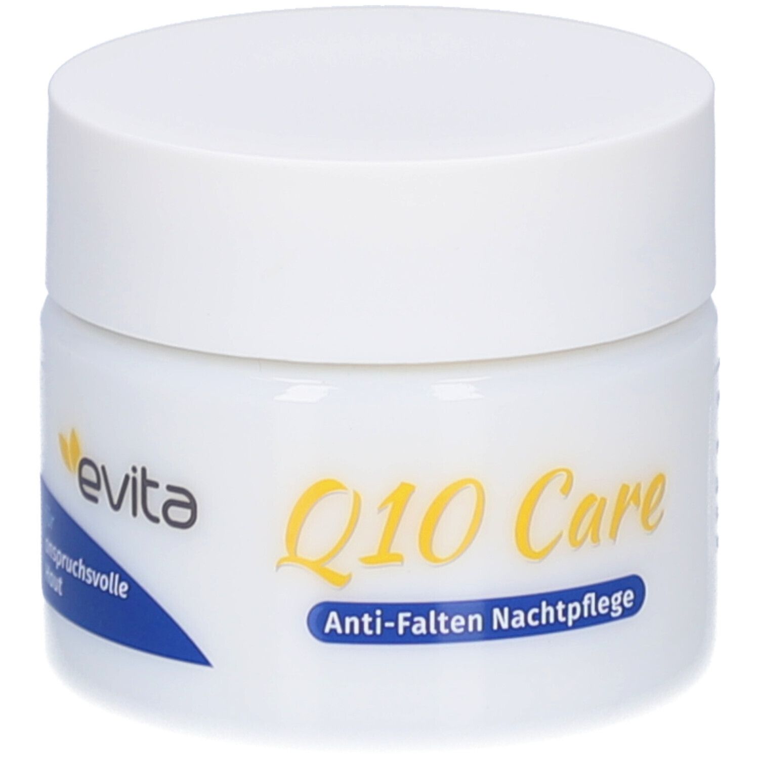 Weißes Tiegel mit weißem Deckel. Aufschrift: evita, Q10 Care Anti-Falten Nachtpflege.