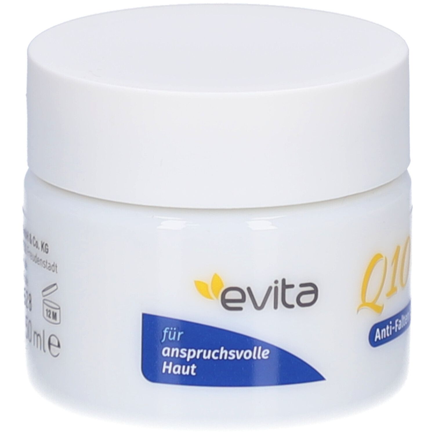 Weißes Tiegel mit weißem Deckel. Aufschrift: evita, für anspruchsvolle Haut. 50 ml.