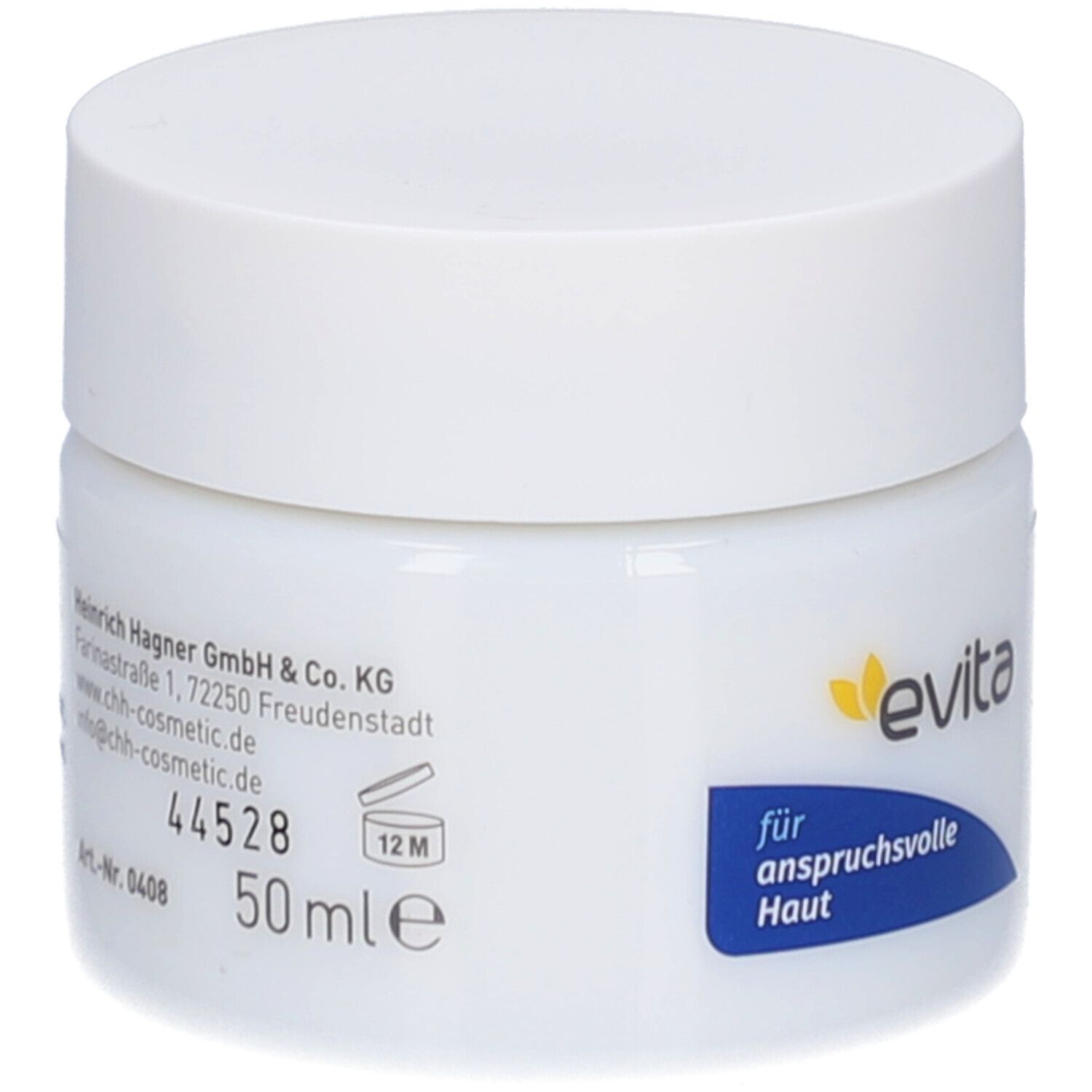 Weißes Tiegel mit weißem Deckel. Aufschrift: evita, für anspruchsvolle Haut. 50 ml.