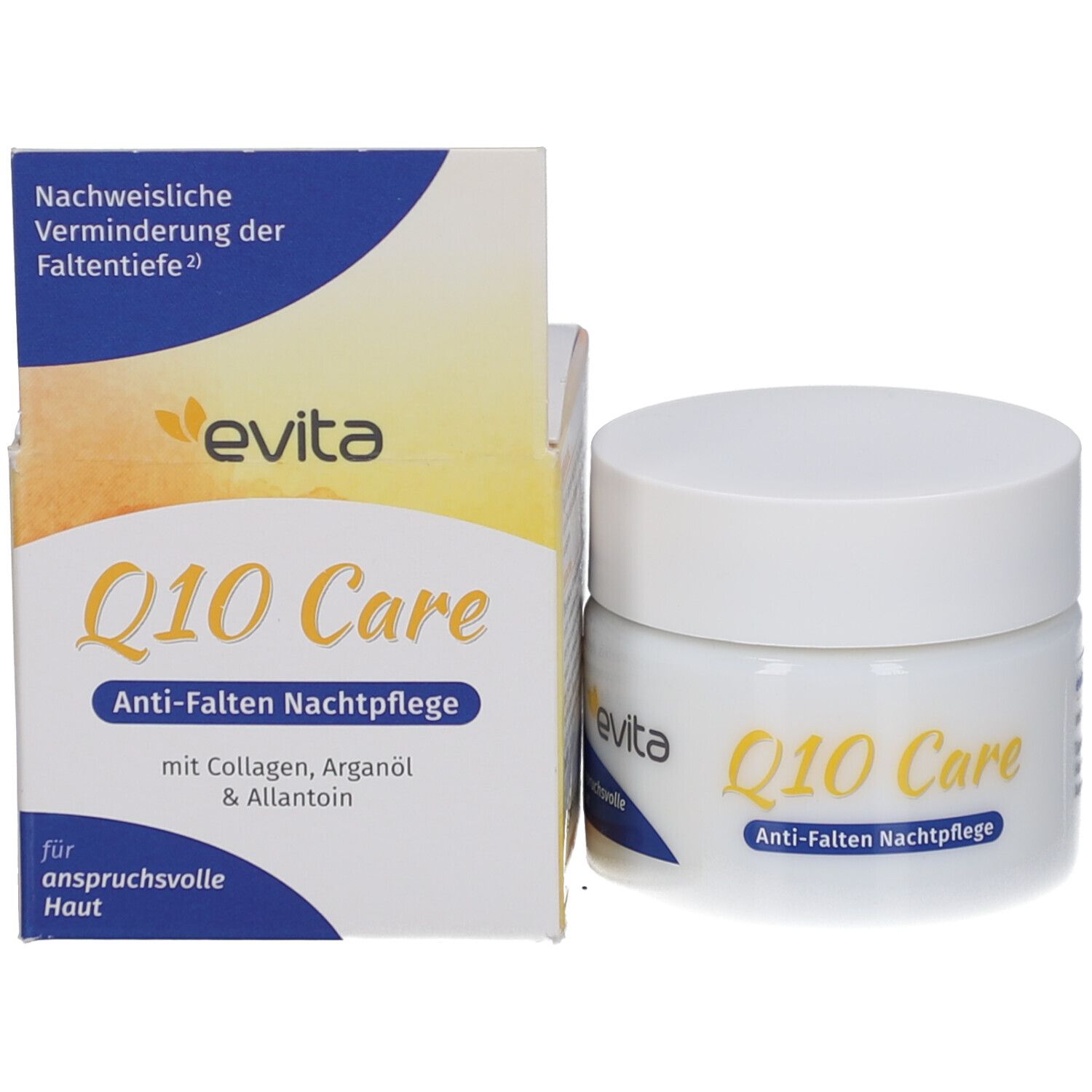 Weißes Tiegel und Karton. Aufschrift: evita Q10 Care Anti-Falten Nachtpflege. Mit Collagen, Arganöl & Allantoin.