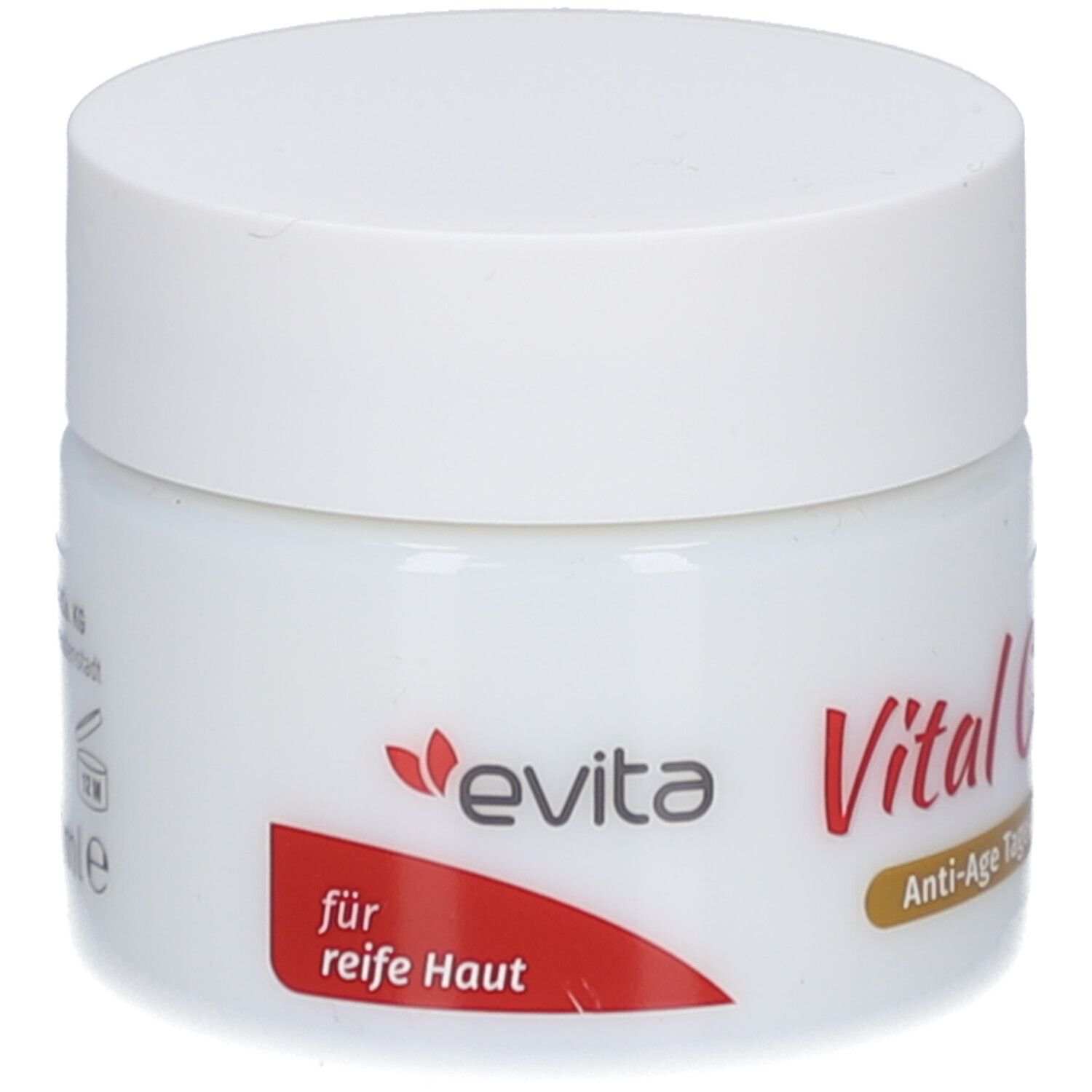 Weißer Tiegel mit Deckel. Aufschrift: evita Vital Care Anti-Age Tagespflege. Roter Aufkleber mit Text.