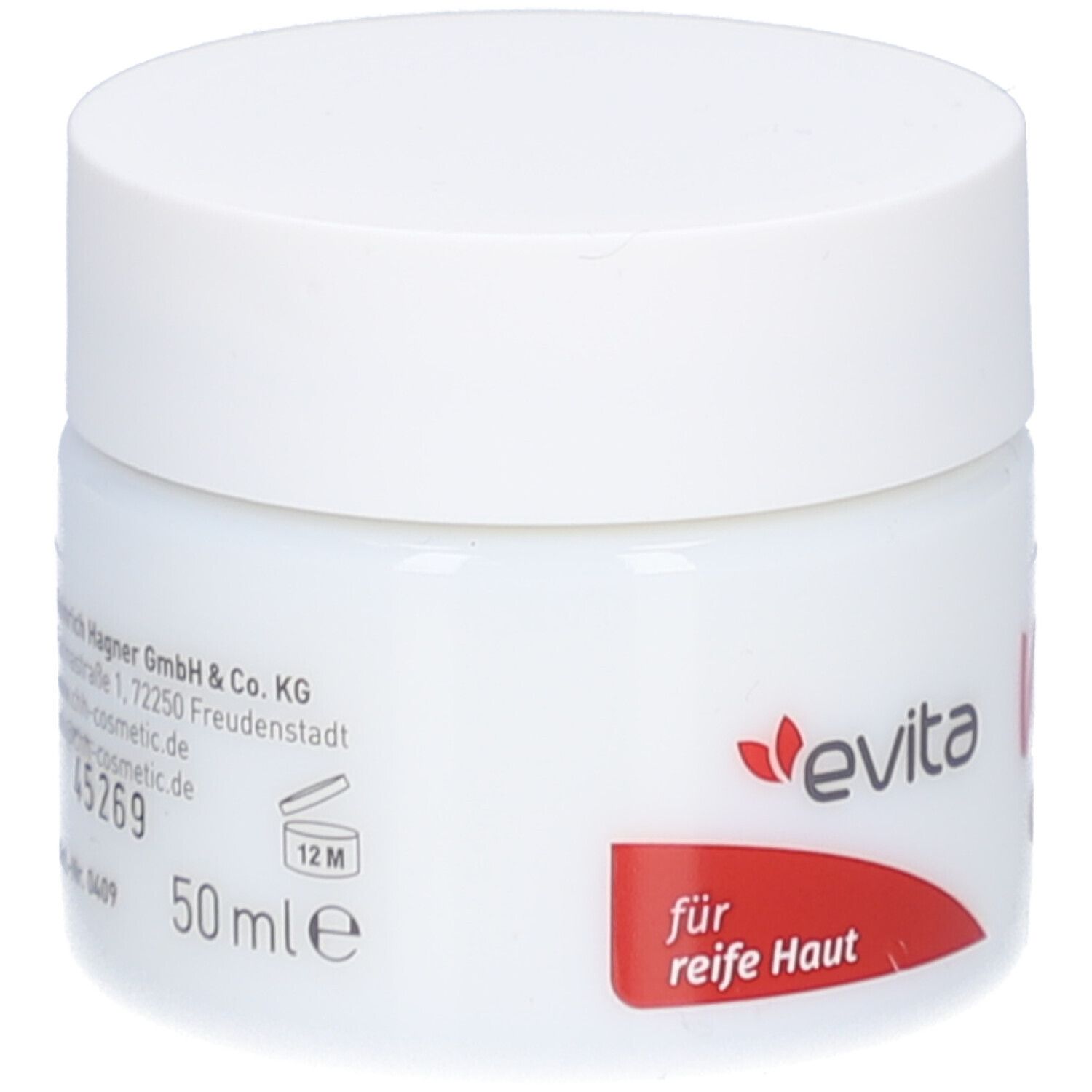 Weißer Tiegel mit Deckel. Aufschrift: evita Vital Care. 50 ml. Roter Aufkleber mit Text.