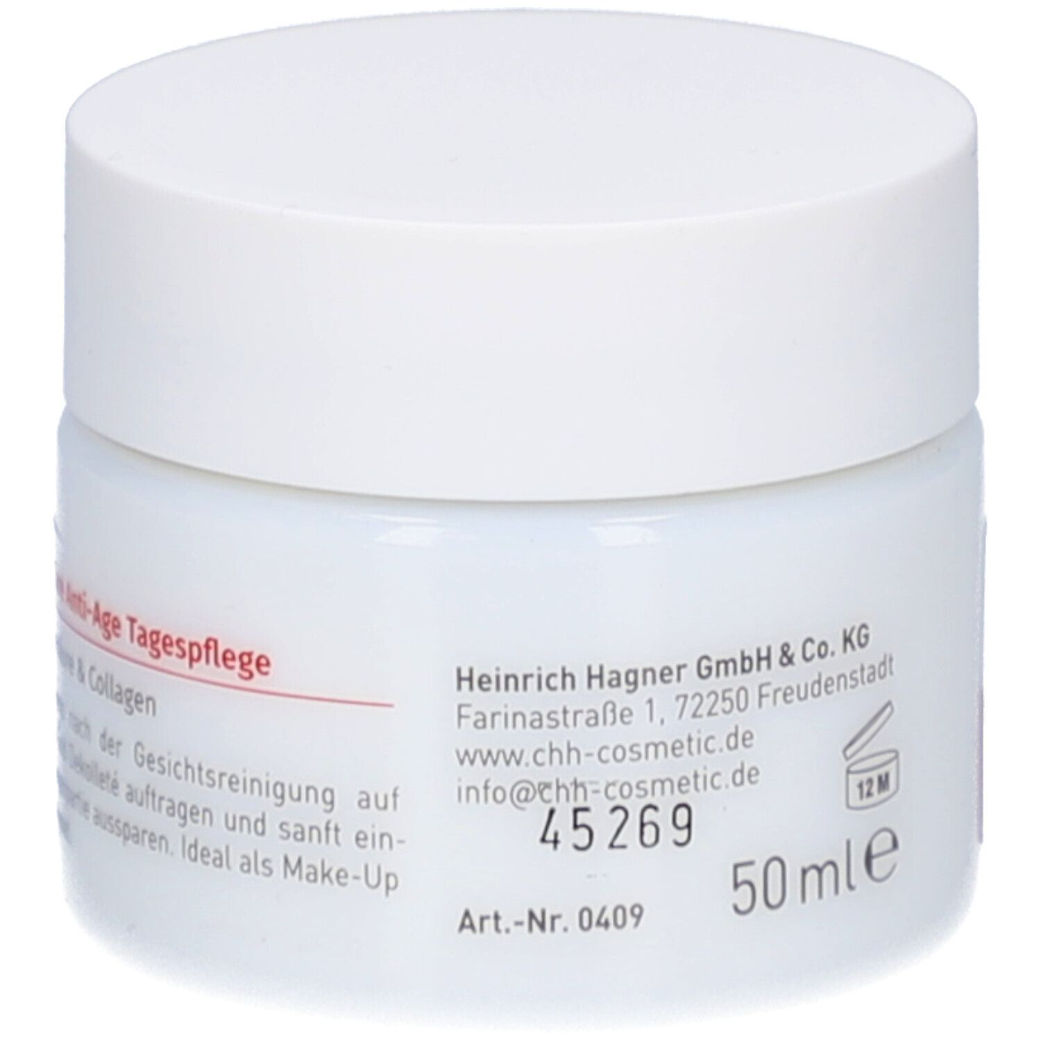 Creme-Tiegel und Verpackung. Aufschrift: evita Vital Care Anti-Age Tagespflege. Mit Hyaluronsäure & Collagen. LSF 20.