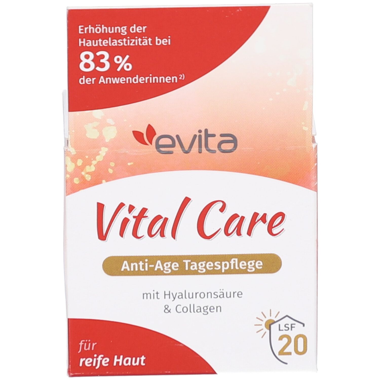 Verpackung mit Text. Aufschrift: evita Vital Care Anti-Age Tagespflege. Mit Hyaluronsäure & Collagen. LSF 20.