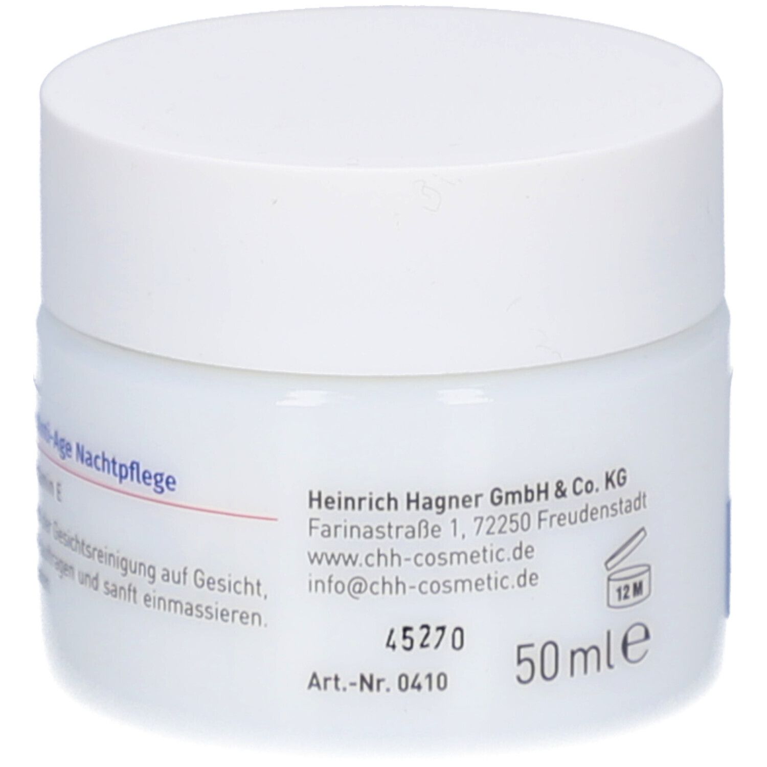 Weißes Tiegel mit Schraubverschluss. Aufschrift: Anti-Age Nachtpflege, Heinrich Hagner GmbH & Co. KG, 50 ml, 12M.