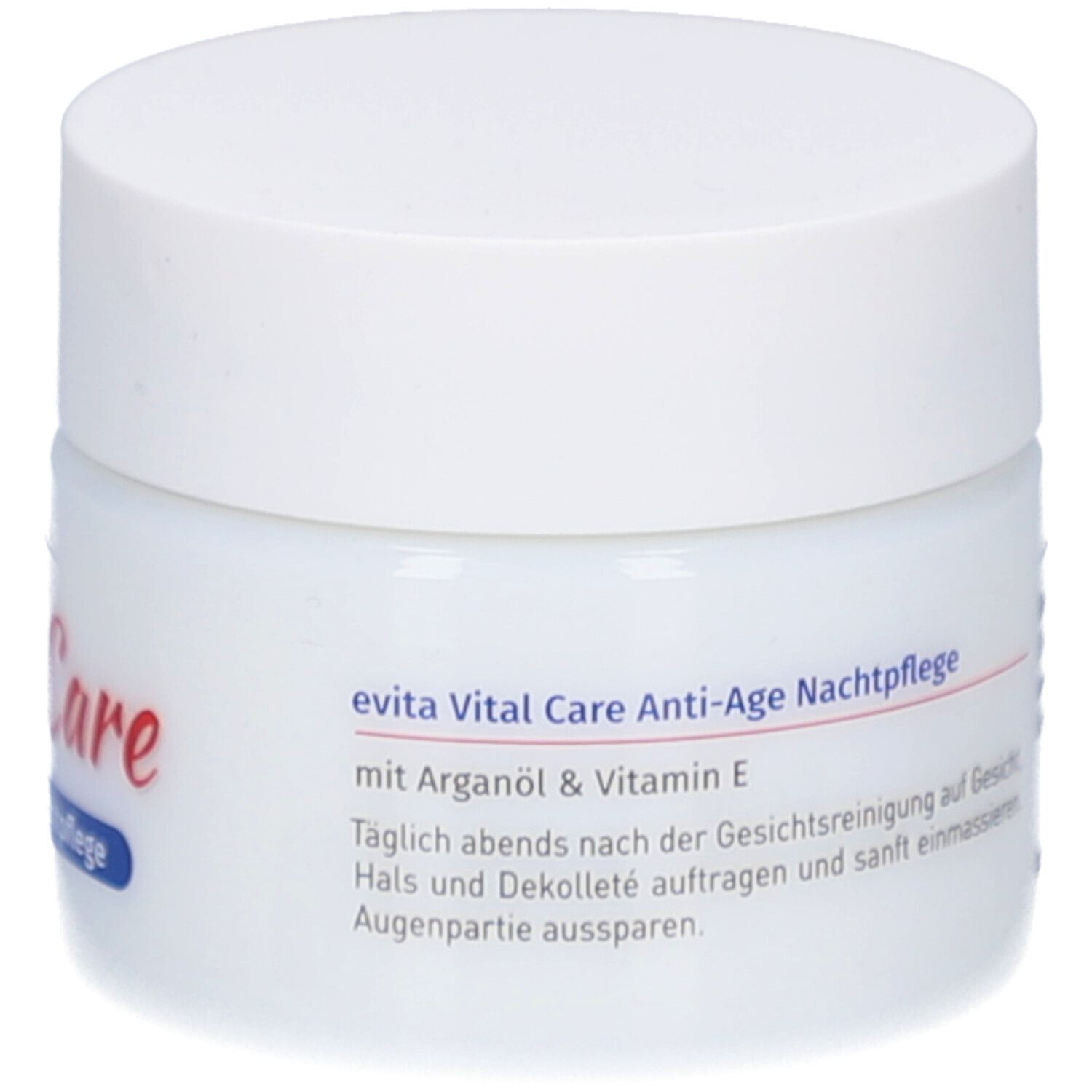 Weißes Tiegel mit Schraubverschluss. Aufschrift: evita Vital Care Anti-Age Nachtpflege, mit Arganöl & Vitamin E.