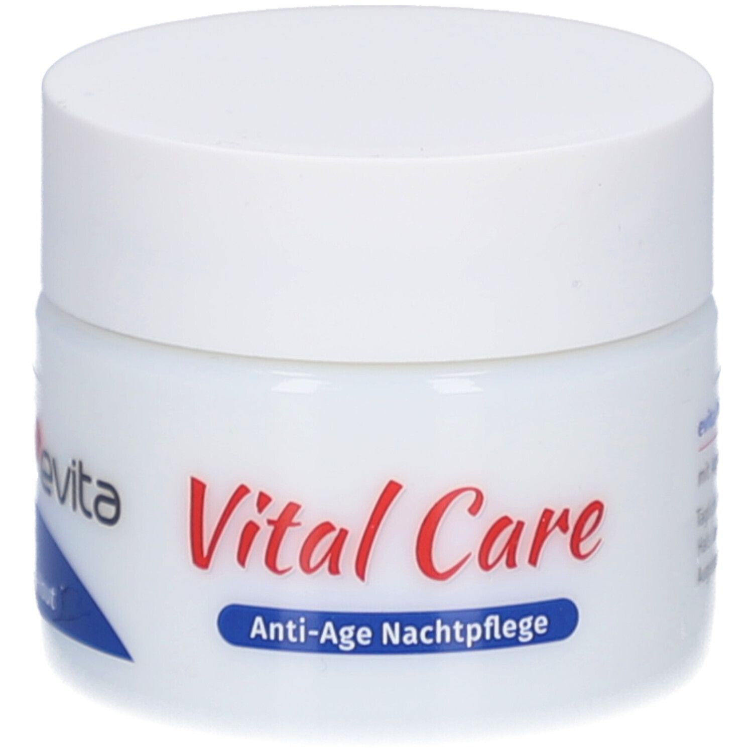 Weißes Tiegel mit Schraubverschluss. Aufschrift: evita, Vital Care, Anti-Age Nachtpflege.