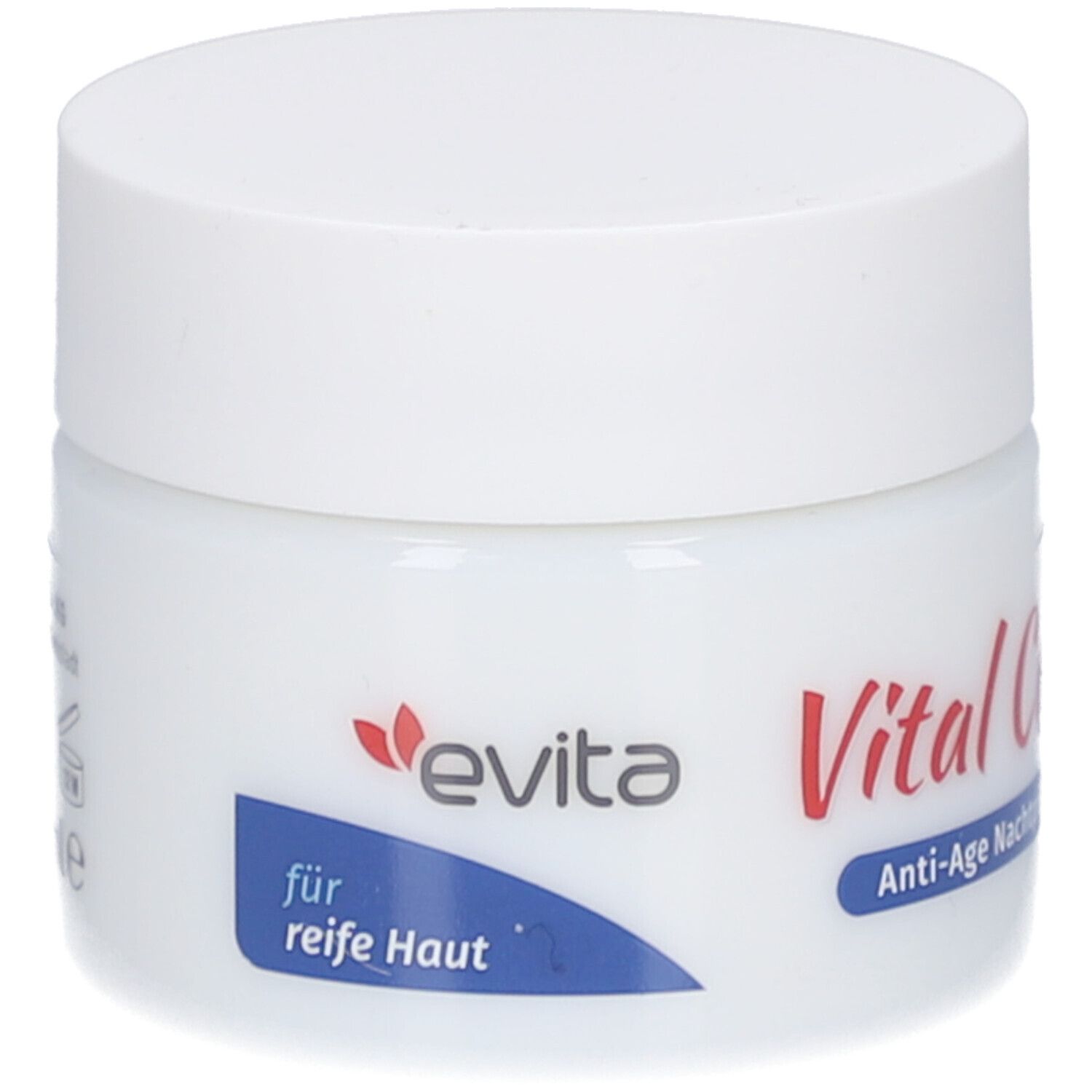 Weißes Tiegel mit Schraubverschluss. Aufschrift: evita, Vital Care, Anti-Age Nachtpflege, für reife Haut.