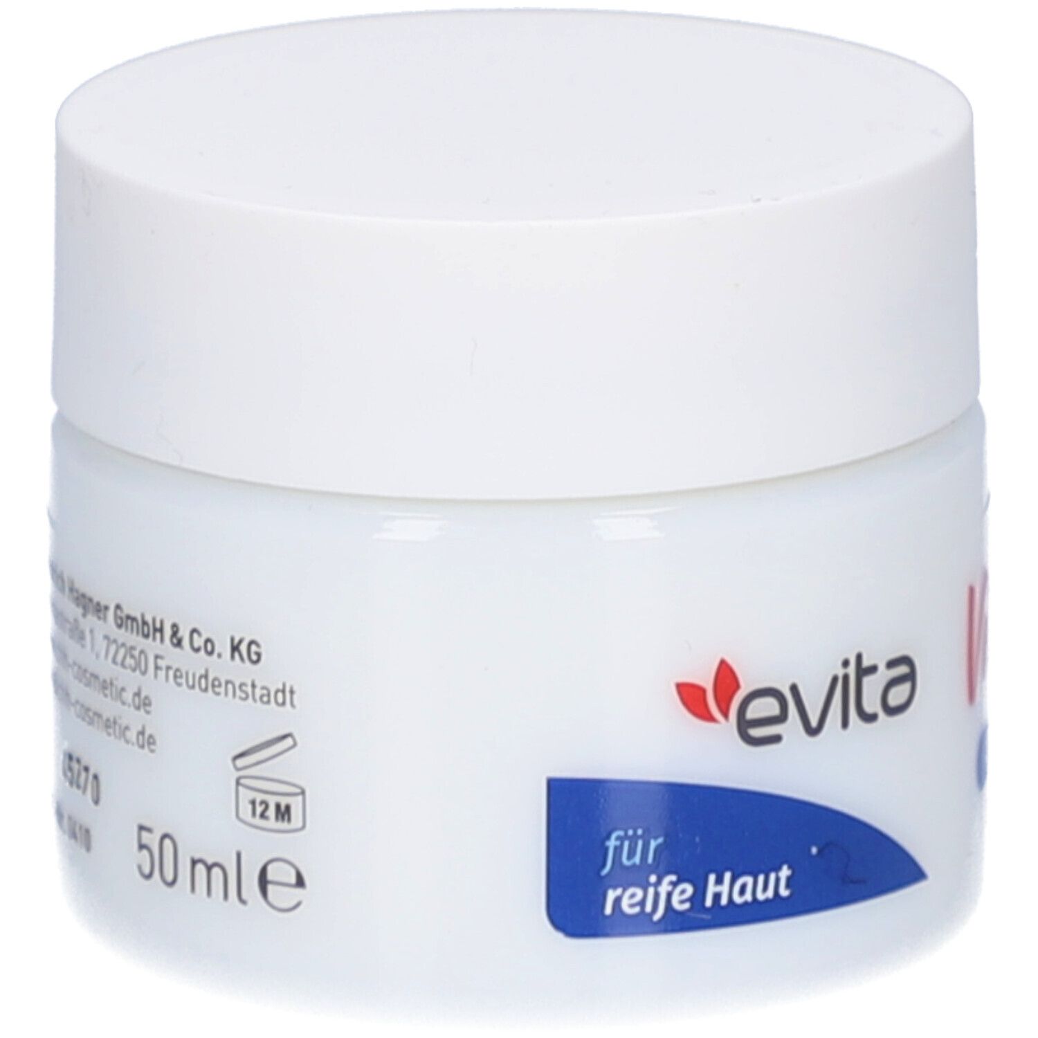 Weißes Tiegel mit Schraubverschluss. Aufschrift: evita, Vital Care, Anti-Age Nachtpflege, für reife Haut. 50 ml, 12M.