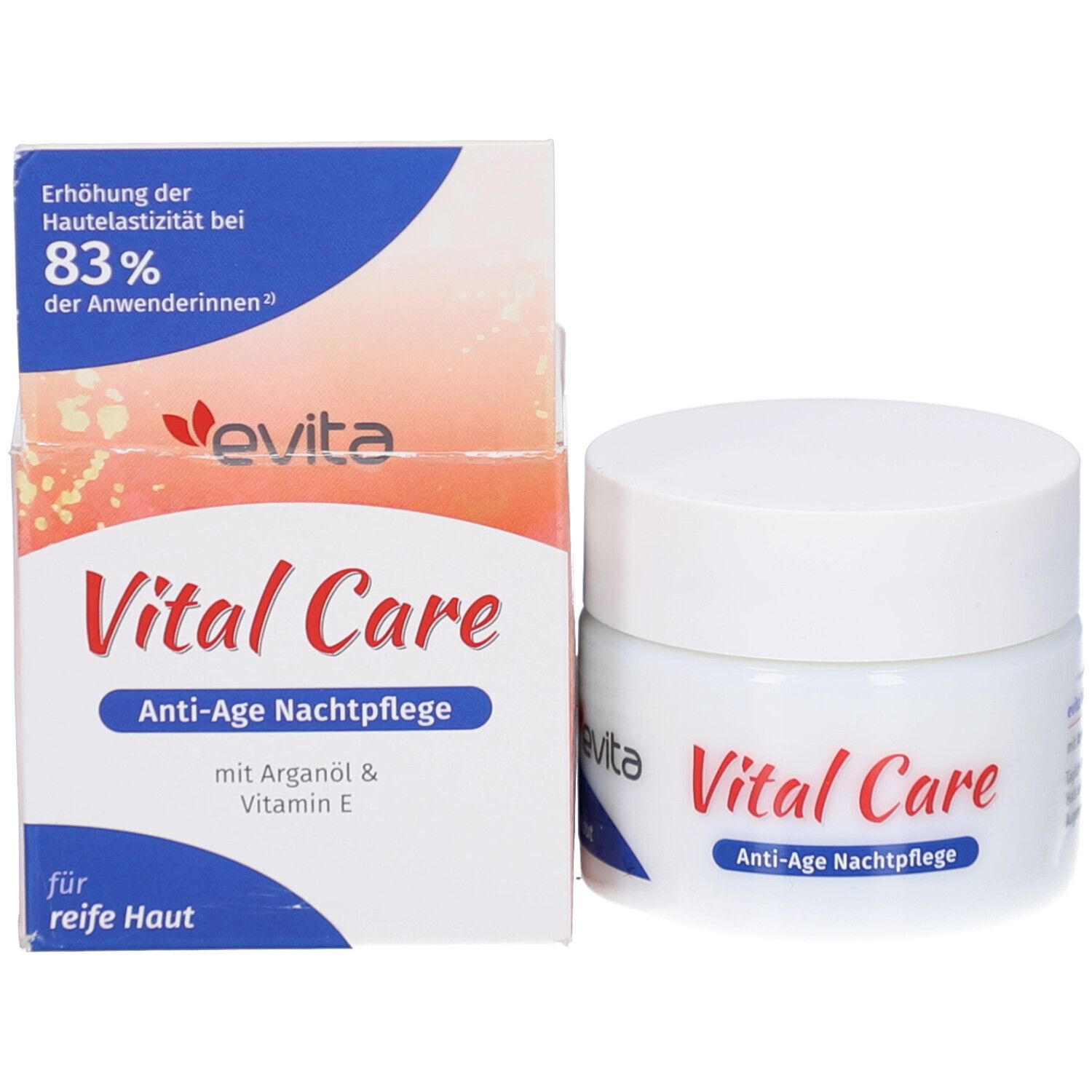 Weißes Tiegel und Karton. Aufschrift: evita, Vital Care, Anti-Age Nachtpflege, für reife Haut. Mit Arganöl & Vitamin E.