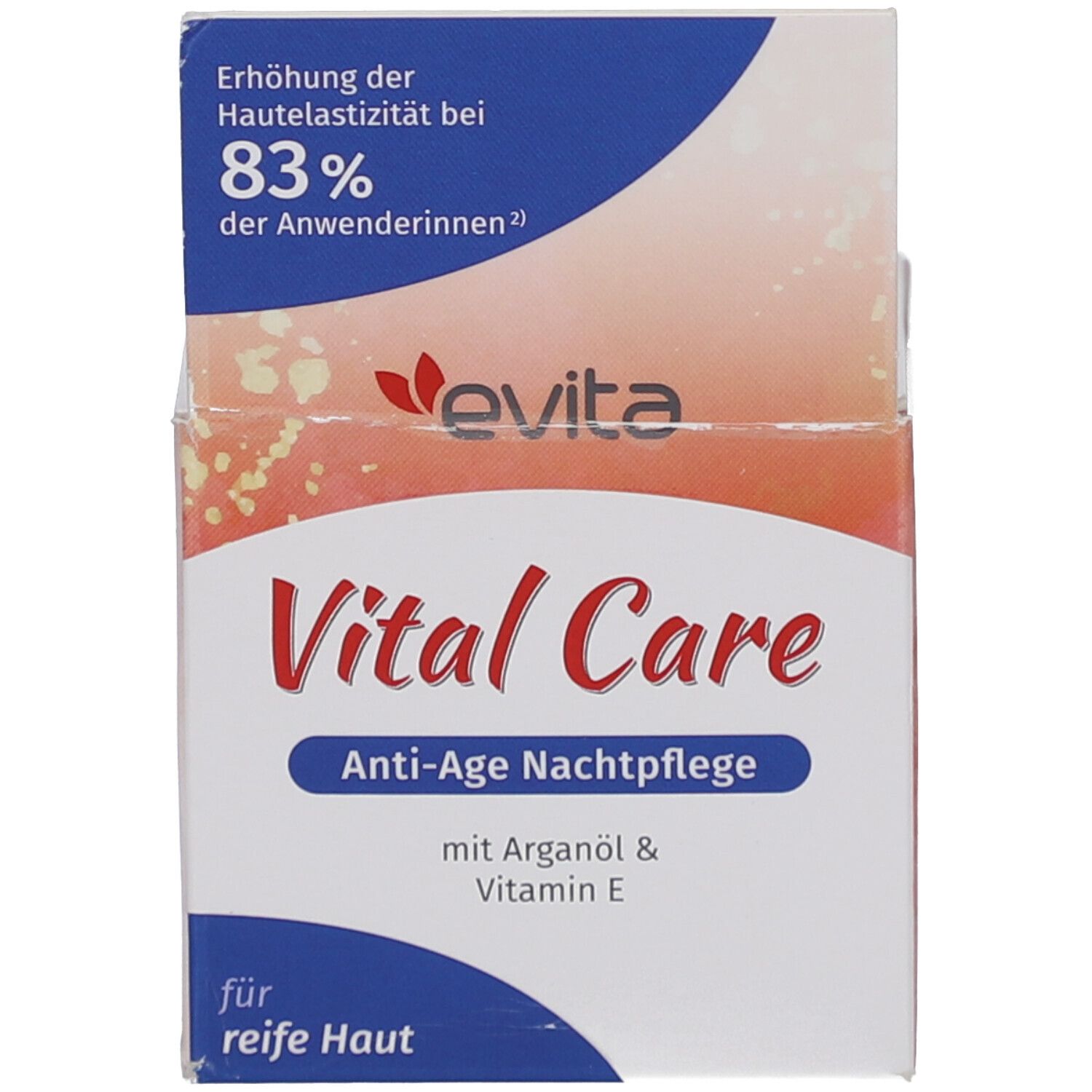 Karton. Aufschrift: evita, Vital Care, Anti-Age Nachtpflege, für reife Haut. Mit Arganöl & Vitamin E. 83% Hautelastizität.