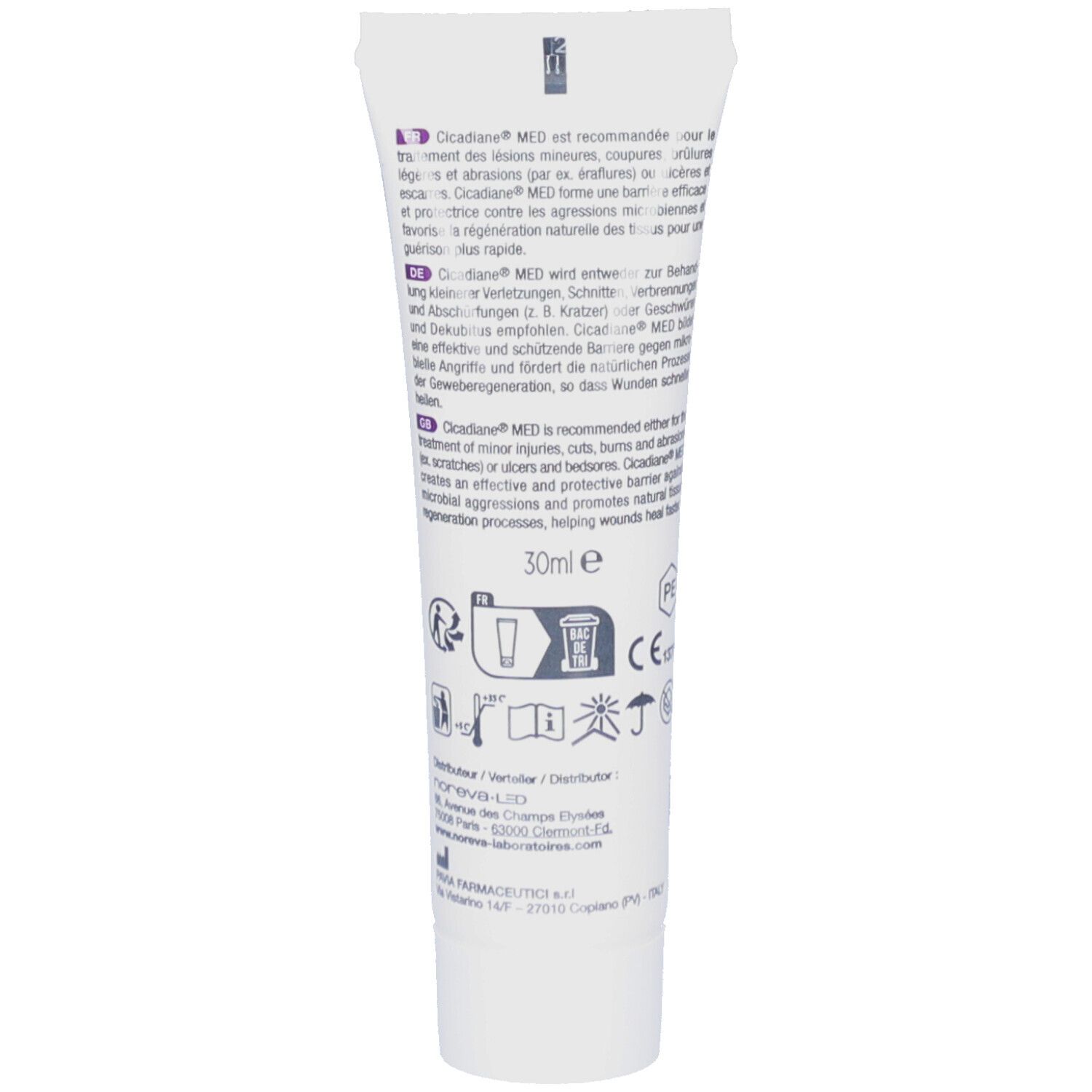 Rückseite der Tube. Text in mehreren Sprachen. Enthält Informationen zur Anwendung und Inhaltsstoffe. Volumen: 30ml.