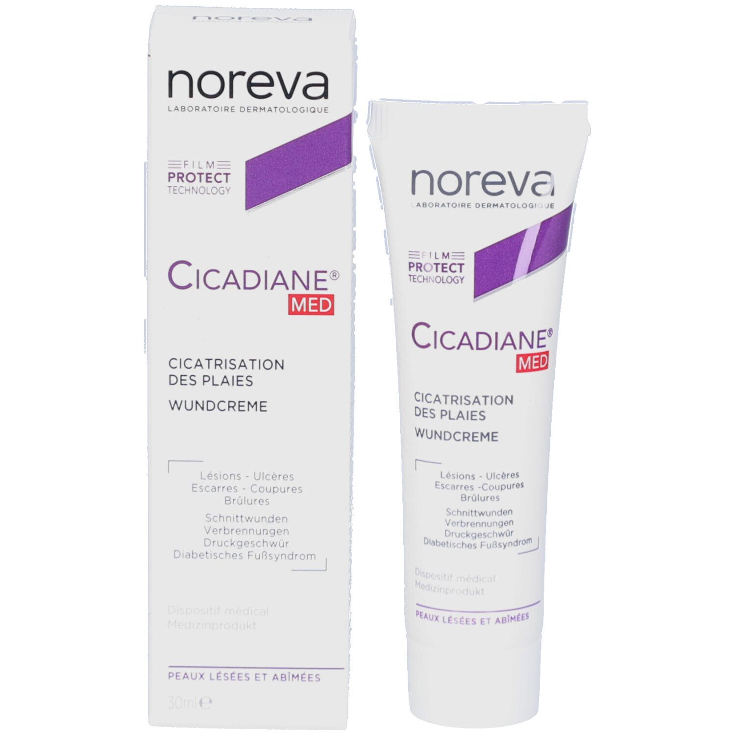 Produktverpackung mit Tube. Aufschrift: Cicadiane MED, Wundcreme. Marke: Noreva. Enthält Informationen zu Läsionen, Verbrennungen.