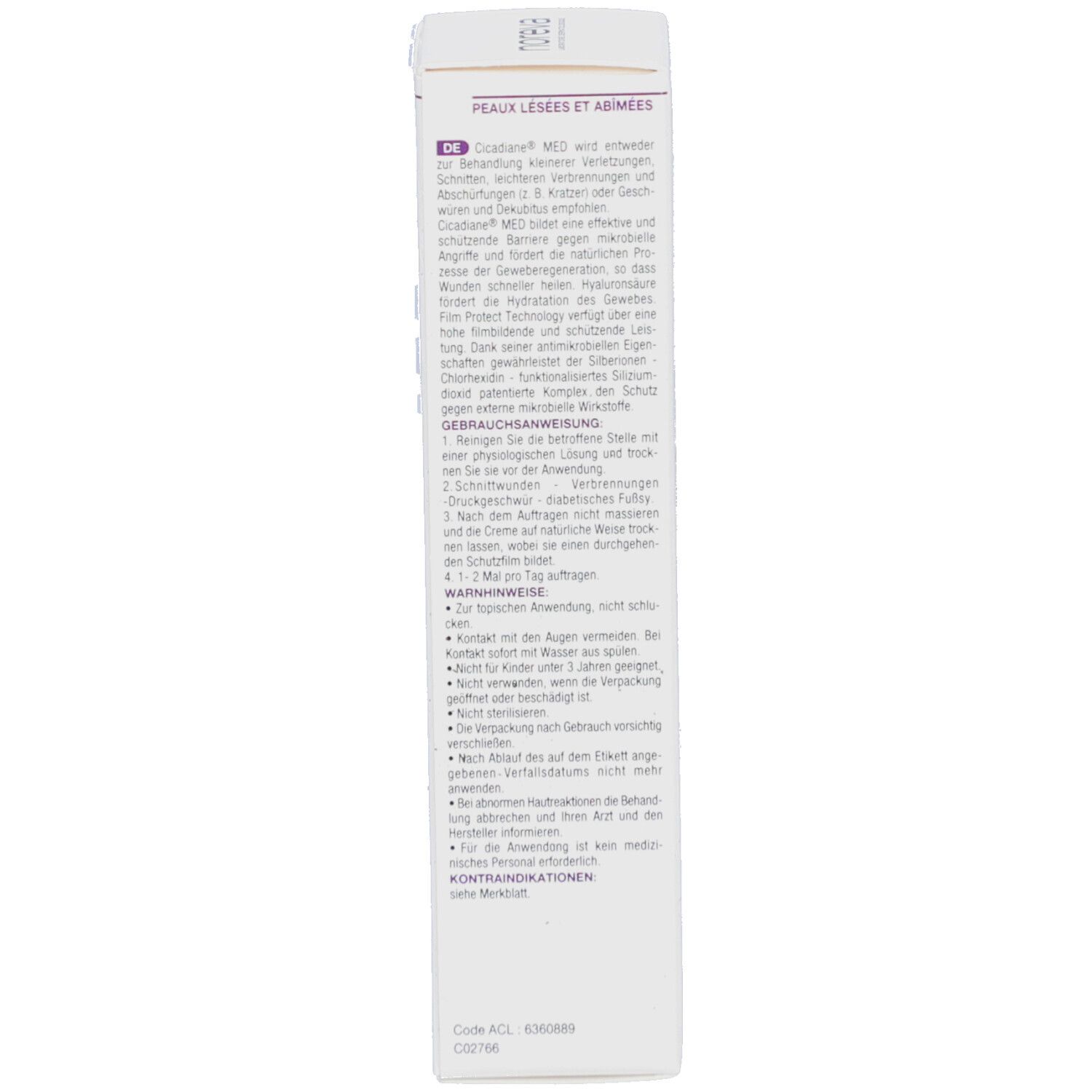 Verpackung. Text in mehreren Sprachen. Enthält Informationen zur Anwendung und Inhaltsstoffe. Code ACL: 4062889.