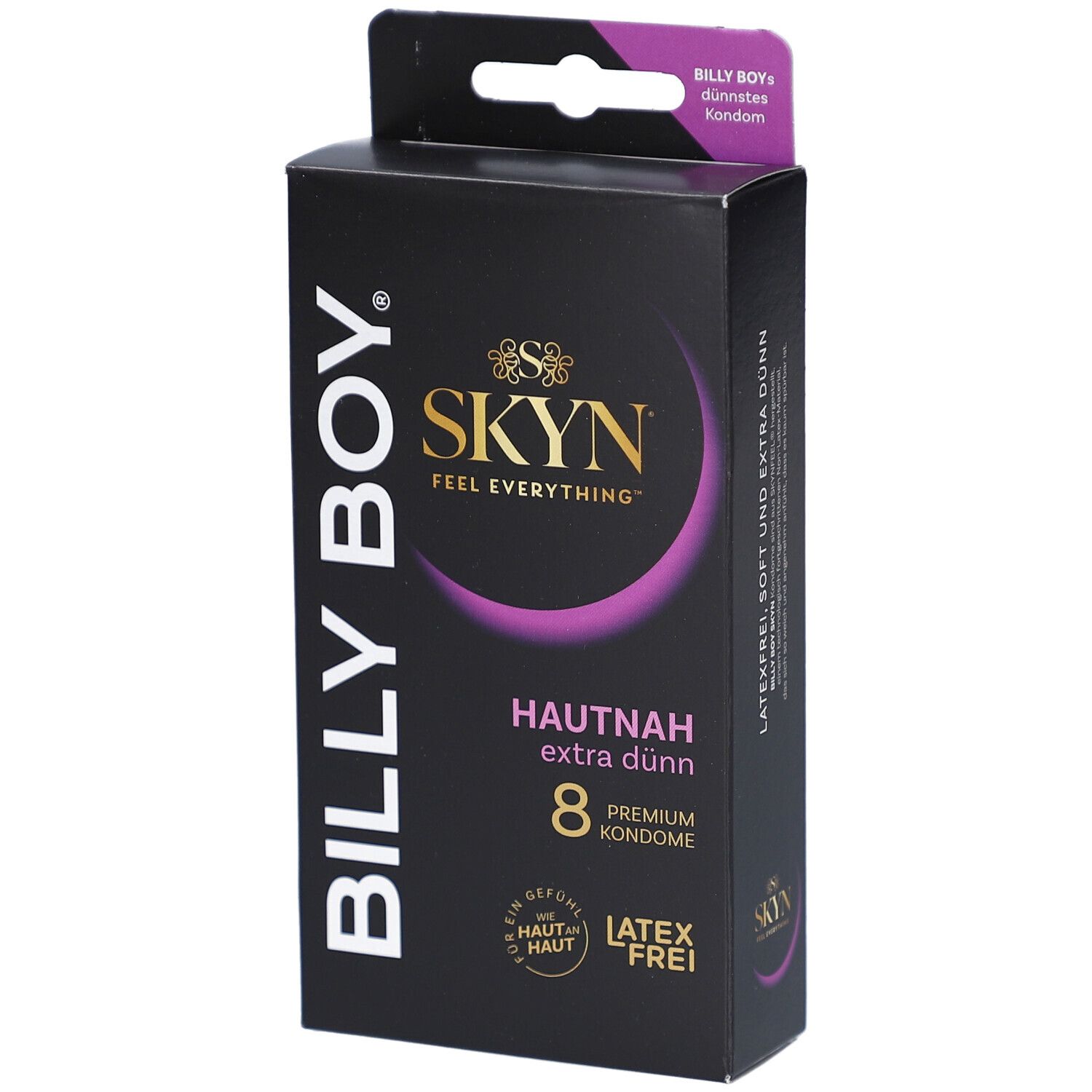Schwarze Verpackung mit Produktnamen BILLY BOY SKYN. Text: HAUTNAH extra dünn, 8 Premium Kondome. Logo: SKYN FEEL EVERYTHING.