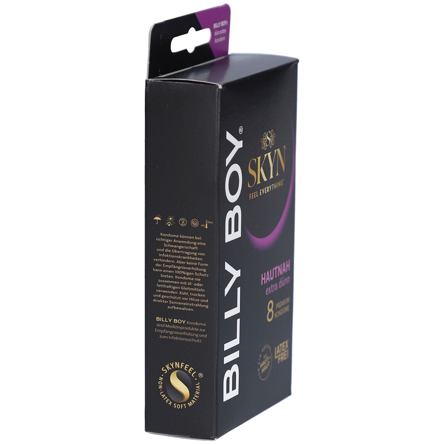 Schwarze Verpackung BILLY BOY SKYN. Text: HAUTNAH extra dünn, 8 Kondome. Logo: SKYN FEEL EVERYTHING. Seite mit Text und Logo.