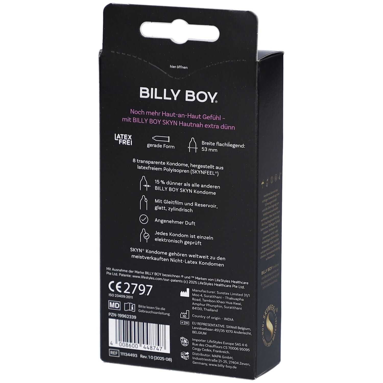 Rückseite der schwarzen Verpackung BILLY BOY SKYN. Text: HAUTNAH extra dünn. Informationen zu Inhaltsstoffen, Größe, und Hersteller.