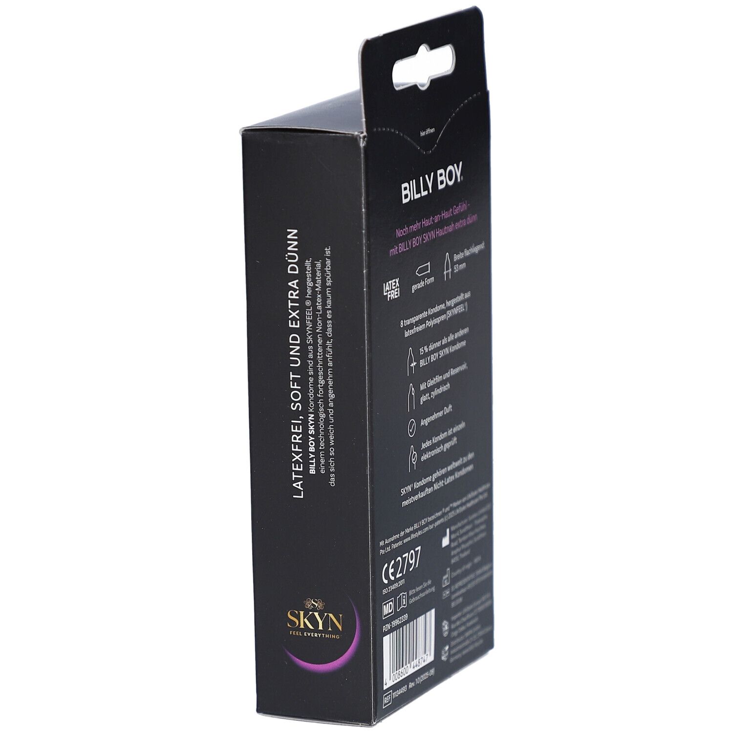 Schwarze Verpackung BILLY BOY SKYN. Text: HAUTNAH extra dünn. Seite mit Text und Logo. Latex frei, weich, extra dünn.