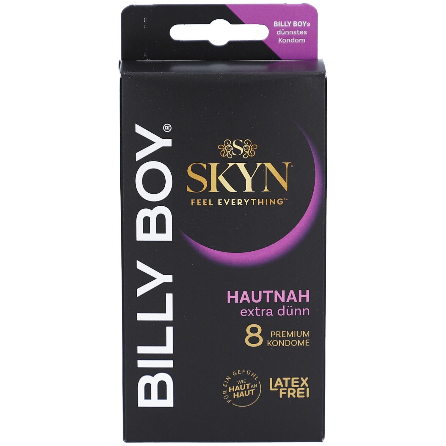 Schwarze Verpackung BILLY BOY SKYN. Text: HAUTNAH extra dünn, 8 Premium Kondome. Logo: SKYN FEEL EVERYTHING. Latex frei.