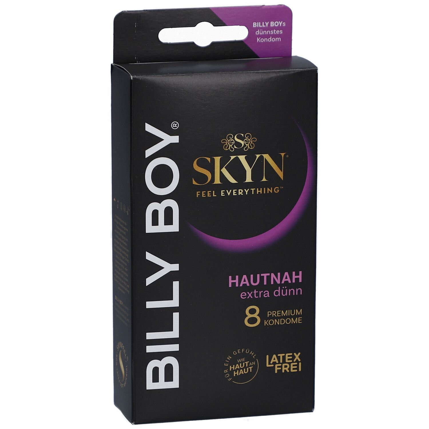 Schwarze Verpackung BILLY BOY SKYN. Text: HAUTNAH extra dünn, 8 Premium Kondome. Logo: SKYN FEEL EVERYTHING. Latex frei.