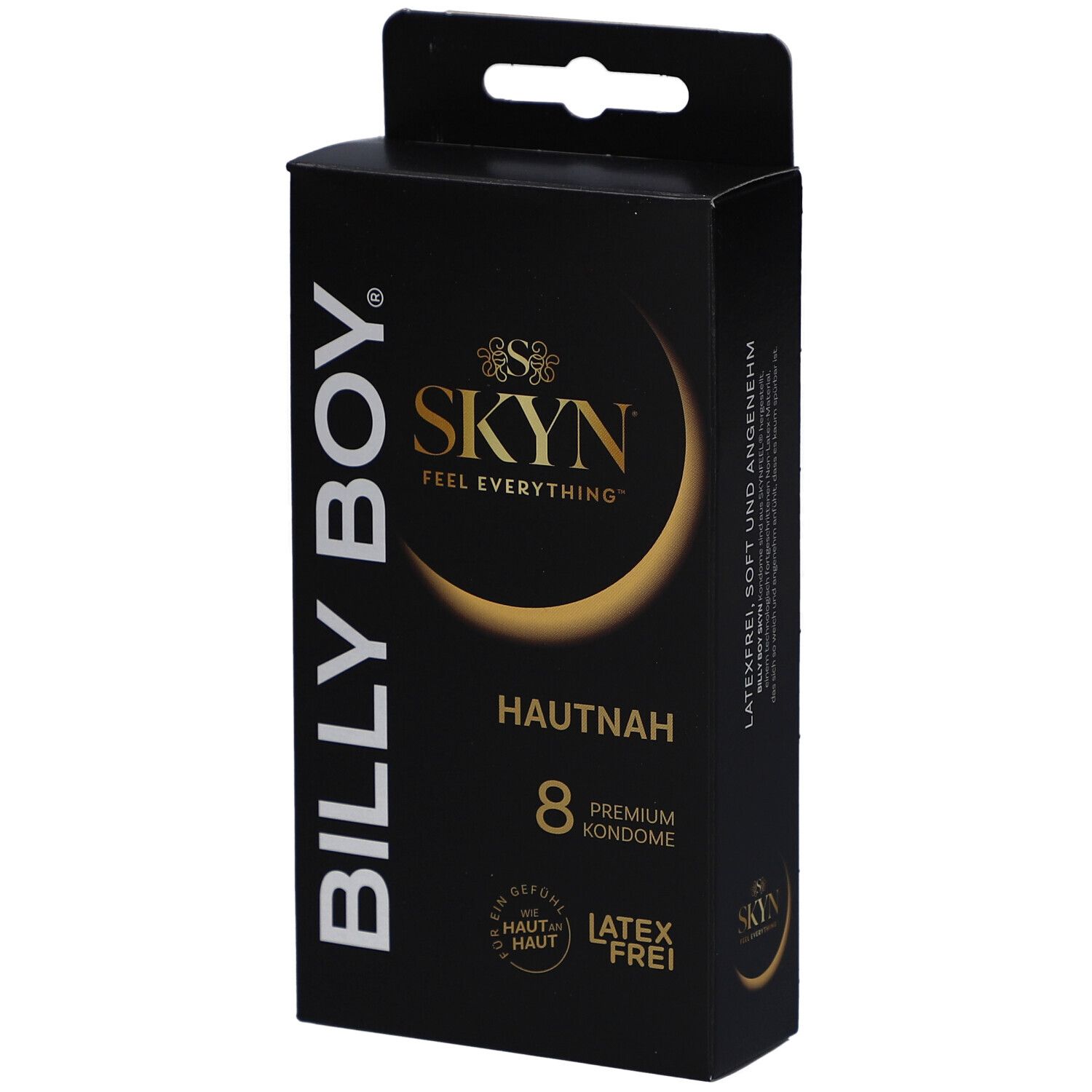 Schwarze Schachtel mit BILLY BOY und SKYN Logo. Enthält 8 Premium Kondome. Latex-frei.