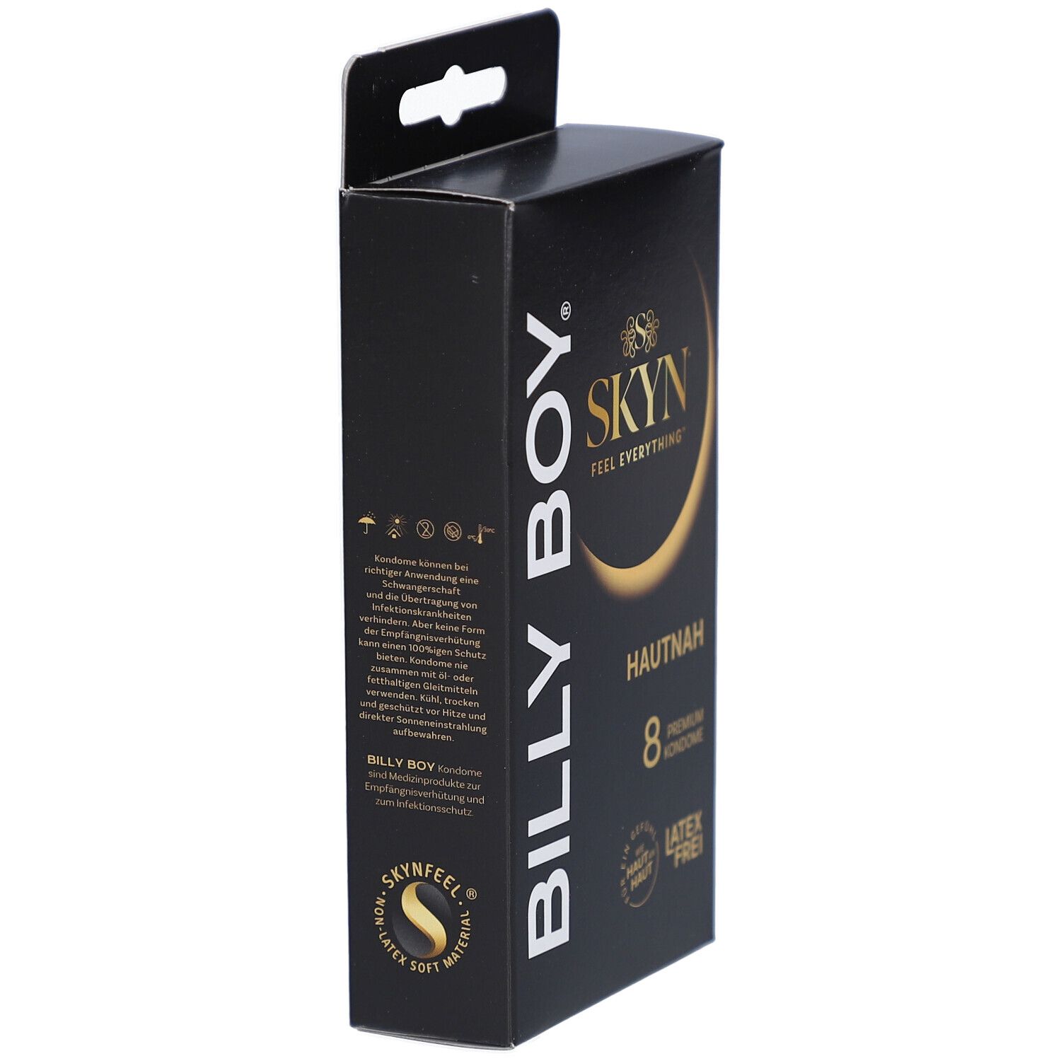 Schwarze Schachtel mit Text. Enthält Informationen zu den Kondomen. BILLY BOY und SKYN Logo.