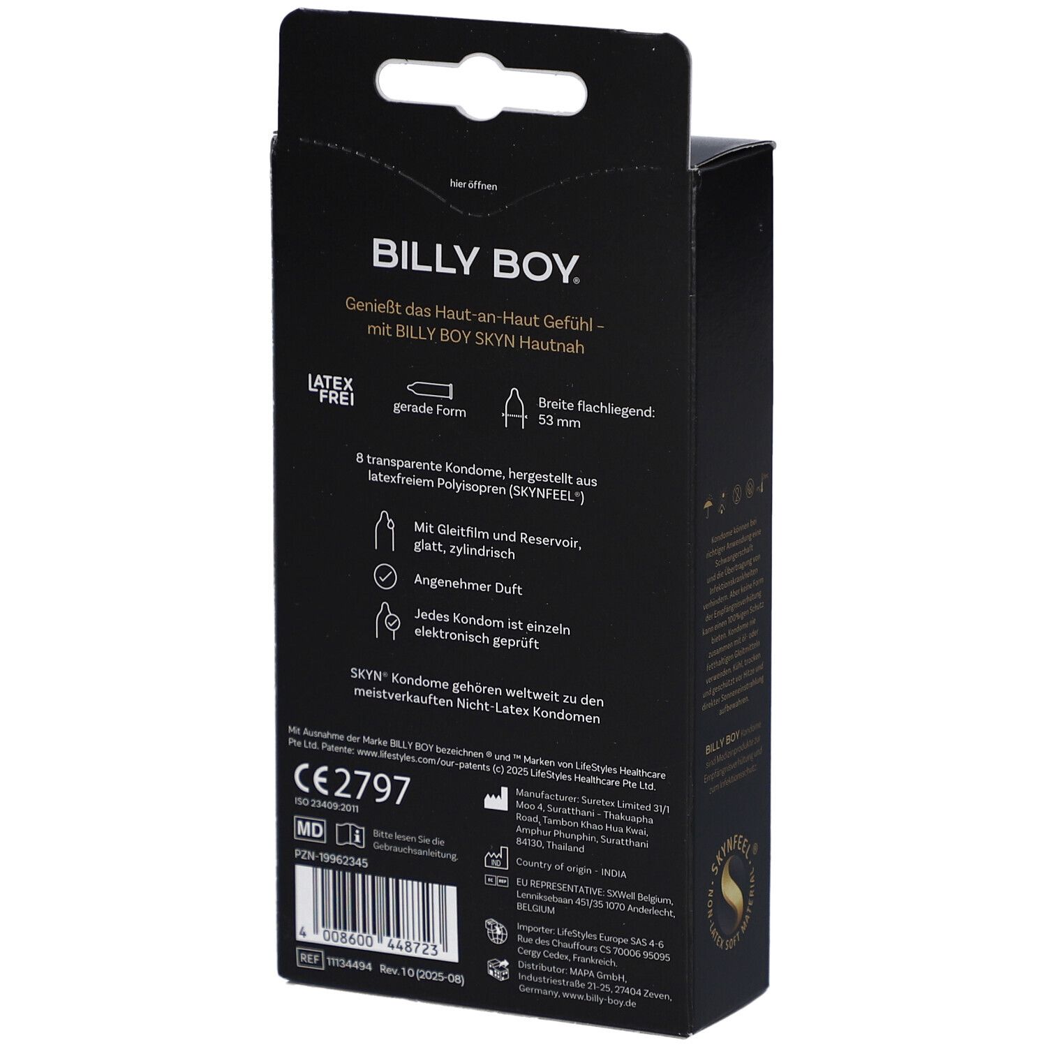 Rückseite der schwarzen Schachtel. Enthält Informationen zu den Kondomen. CE-Kennzeichnung.