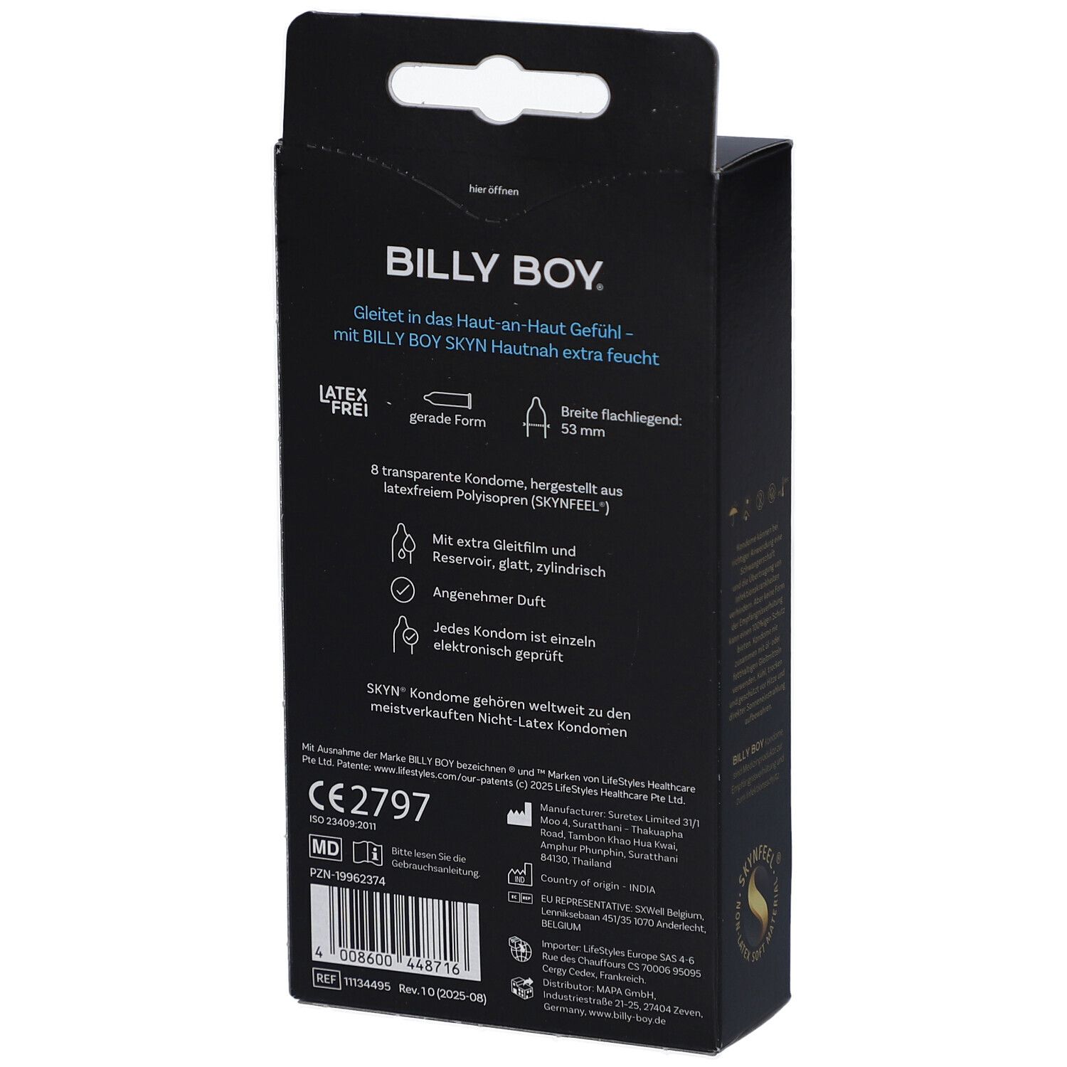 Rückseite der schwarzen Schachtel. Text: BILLY BOY, SKYN, HAUTNAH extra feucht. Informationen zu Inhaltsstoffen und Hersteller.