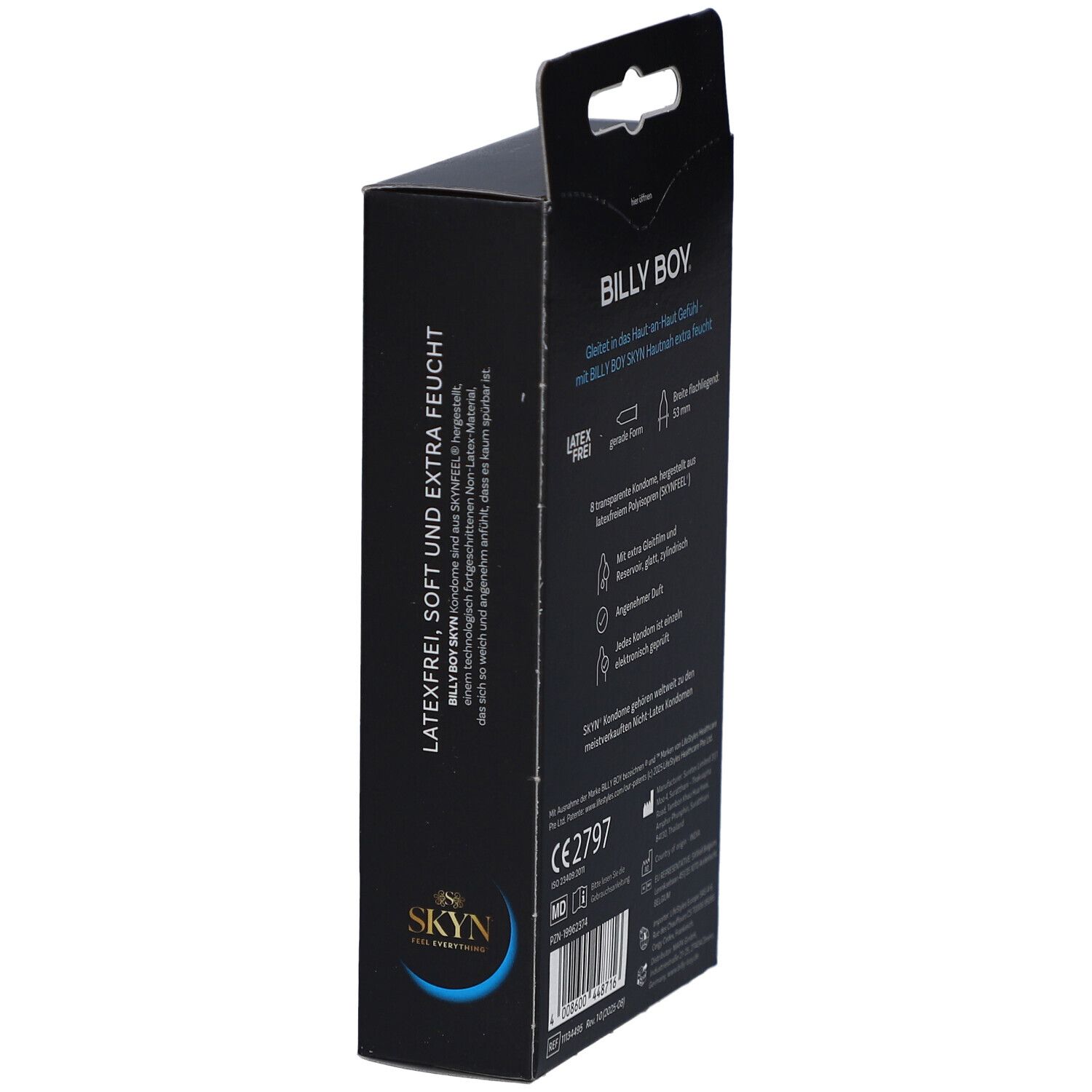 Seitenansicht der schwarzen Schachtel. Text: BILLY BOY, SKYN, HAUTNAH extra feucht. Latex-frei. CE-Kennzeichnung.