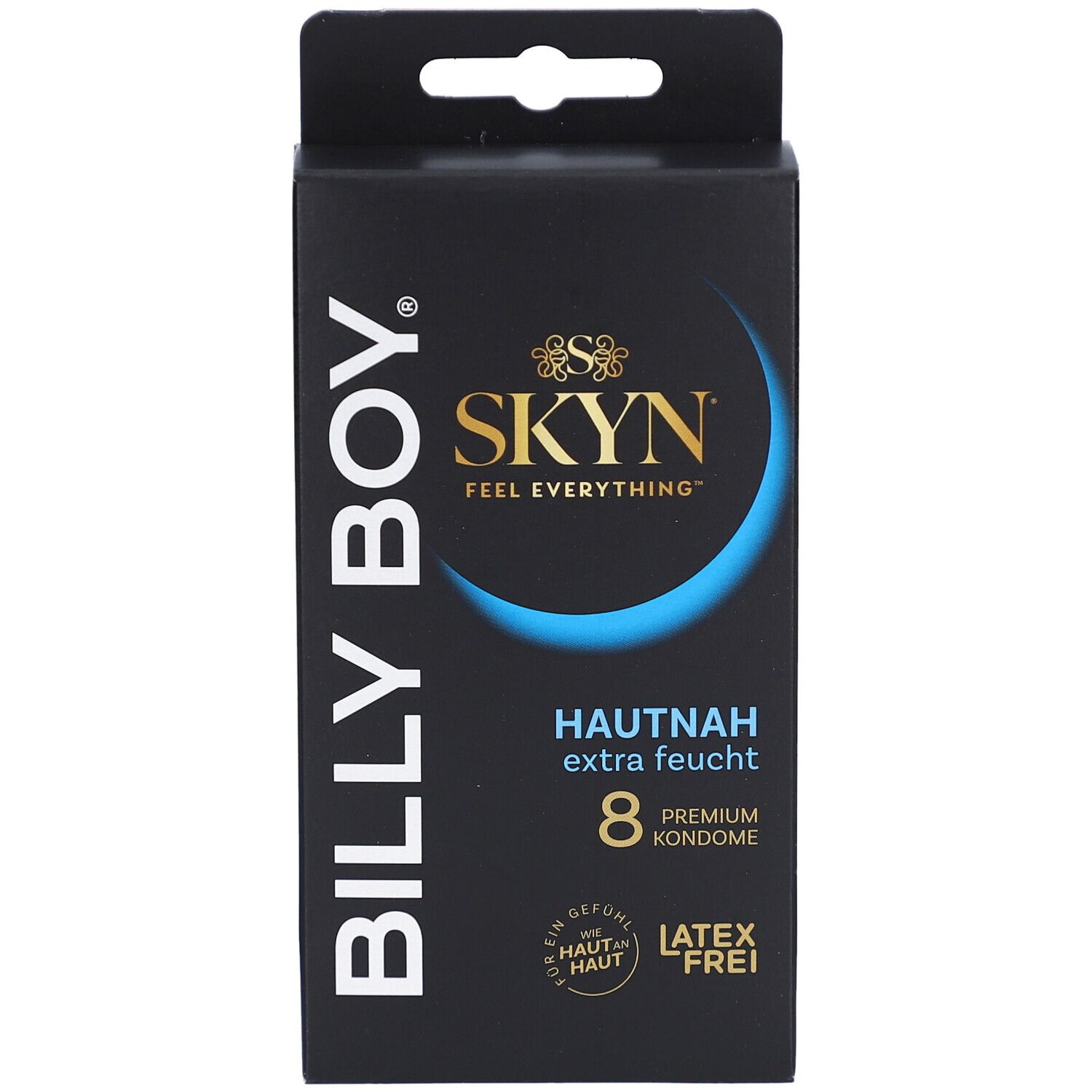 Schwarze Schachtel mit BILLY BOY und SKYN Logo. Text: HAUTNAH extra feucht, 8 Premium Kondome. Latex-frei.