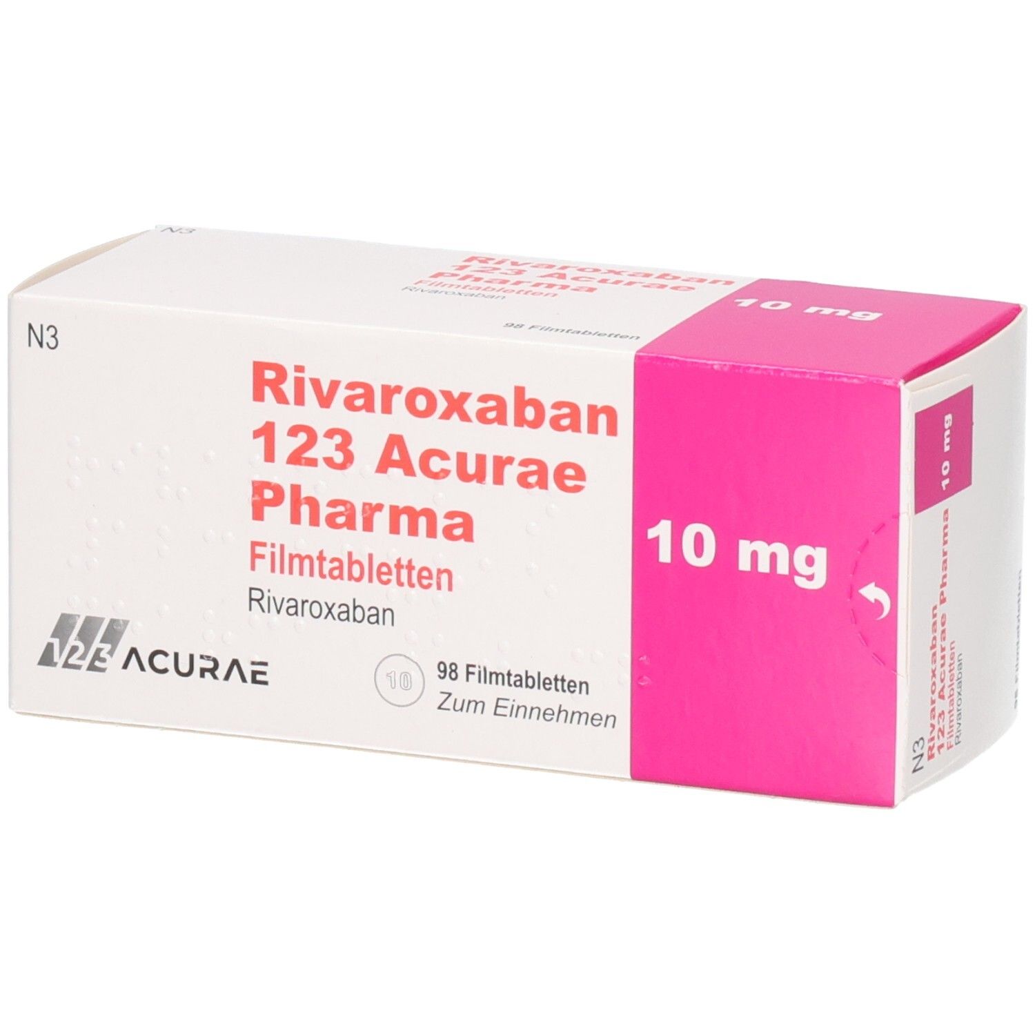RIVAROXABAN 123 Acurae Pharma Filmtabletten, 10 mg, Packung. Weiße Schachtel mit rosa Akzenten. Aufdruck: Name, Dosierung, Anzahl Tabletten.