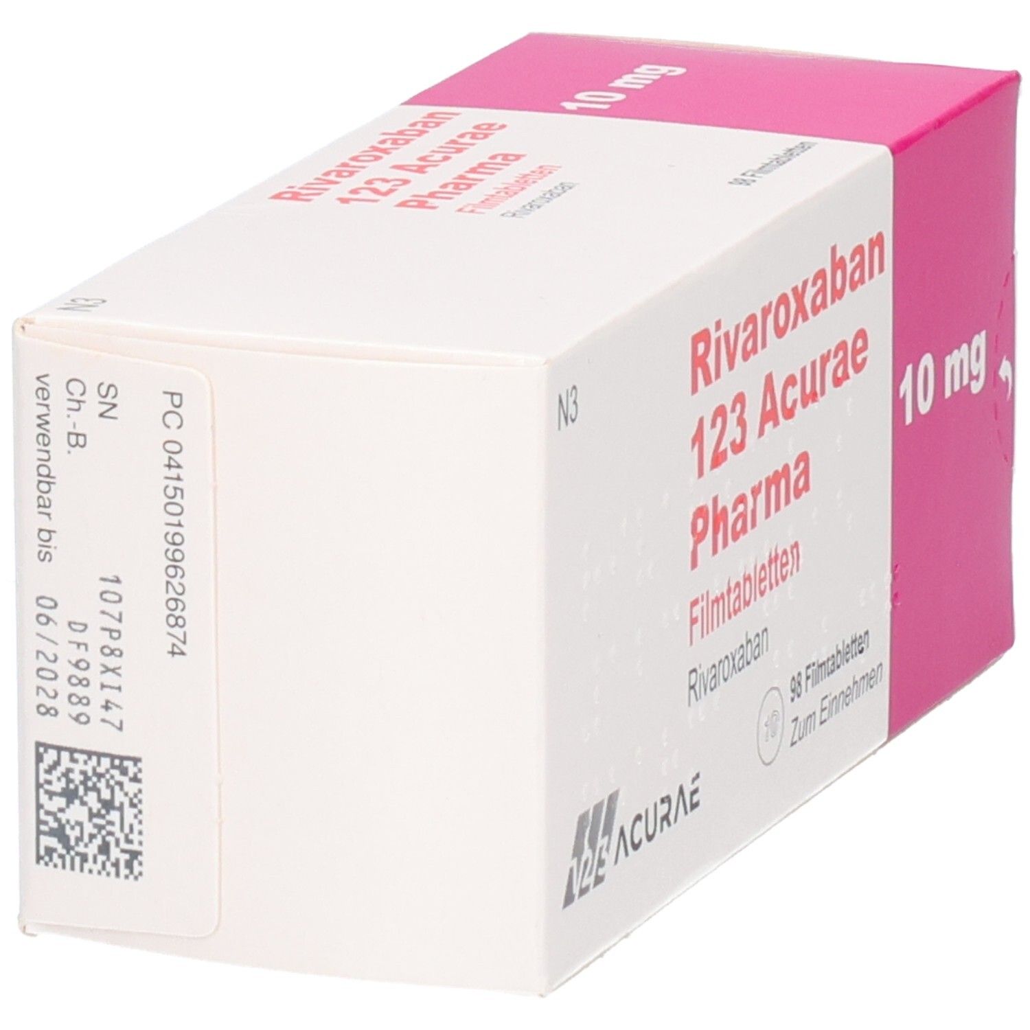 RIVAROXABAN 123 Acurae Pharma Filmtabletten, 10 mg, Packung. Weiße Schachtel, seitliche Ansicht. Aufdruck: Name, Dosierung, Chargennummer, Verfallsdatum.