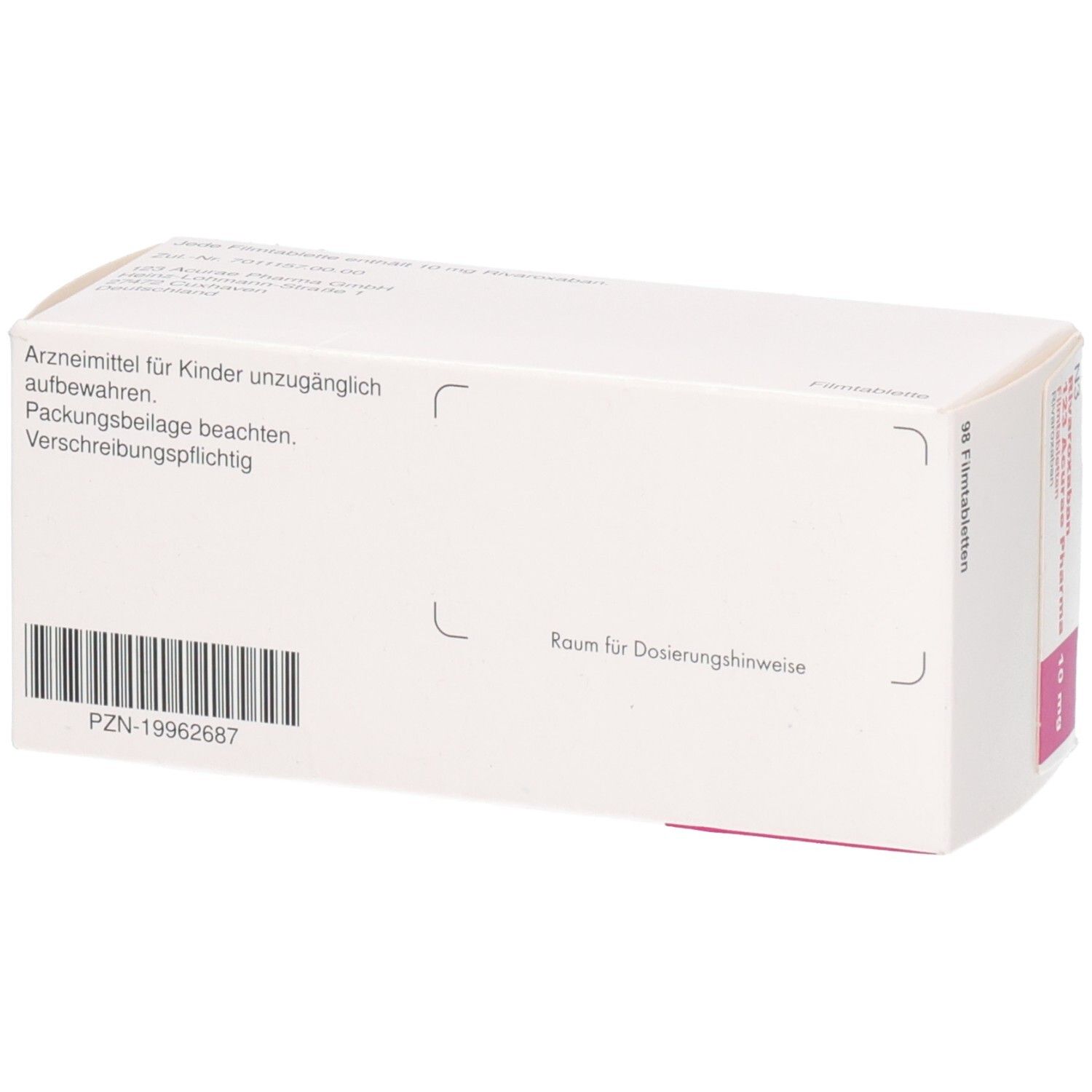 Rückseite der RIVAROXABAN 123 Acurae Pharma Packung. Weiße Schachtel mit Text und Barcode. Hinweise zur Aufbewahrung und Verschreibungspflicht.
