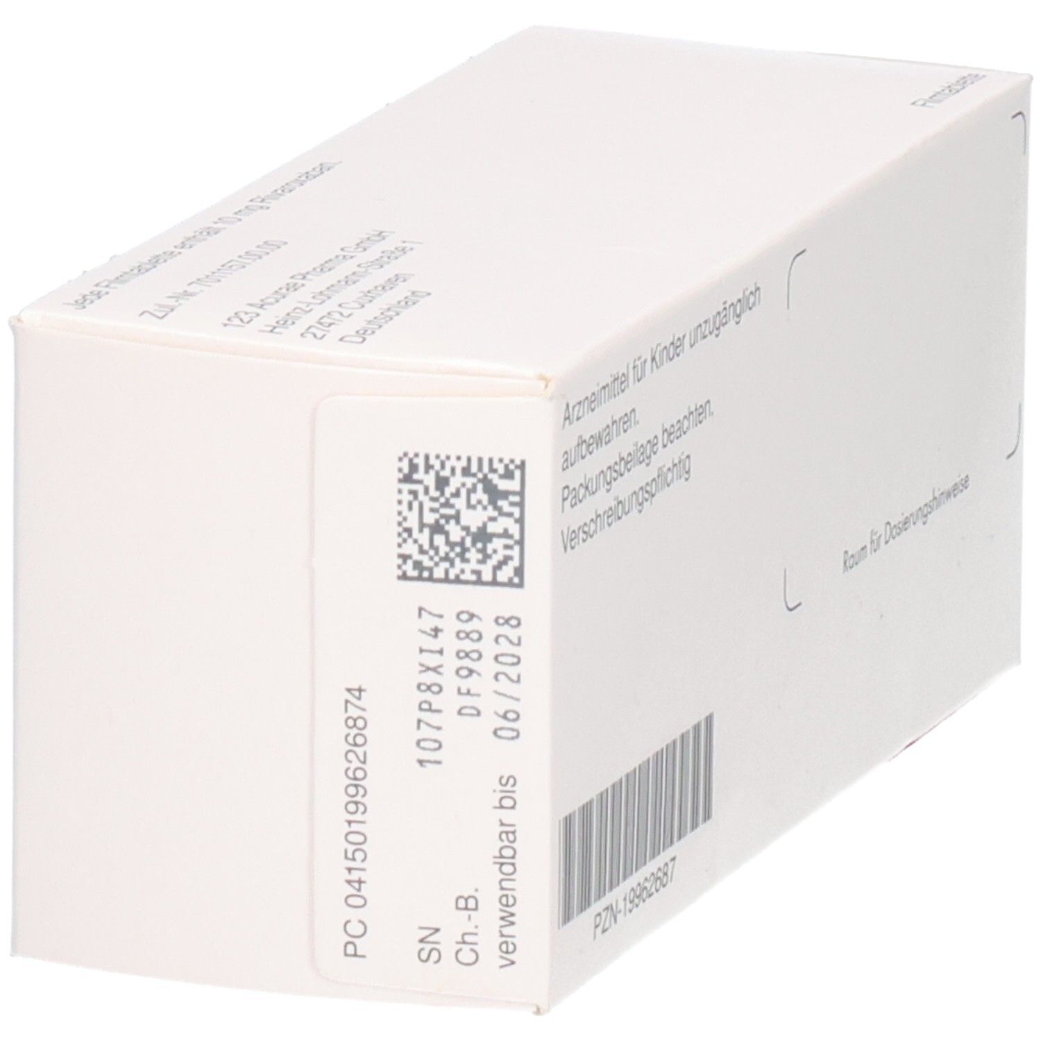 RIVAROXABAN 123 Acurae Pharma Packung, seitliche Ansicht. Weiße Schachtel mit Text, Barcode und Verfallsdatum. Hinweise zur Aufbewahrung.
