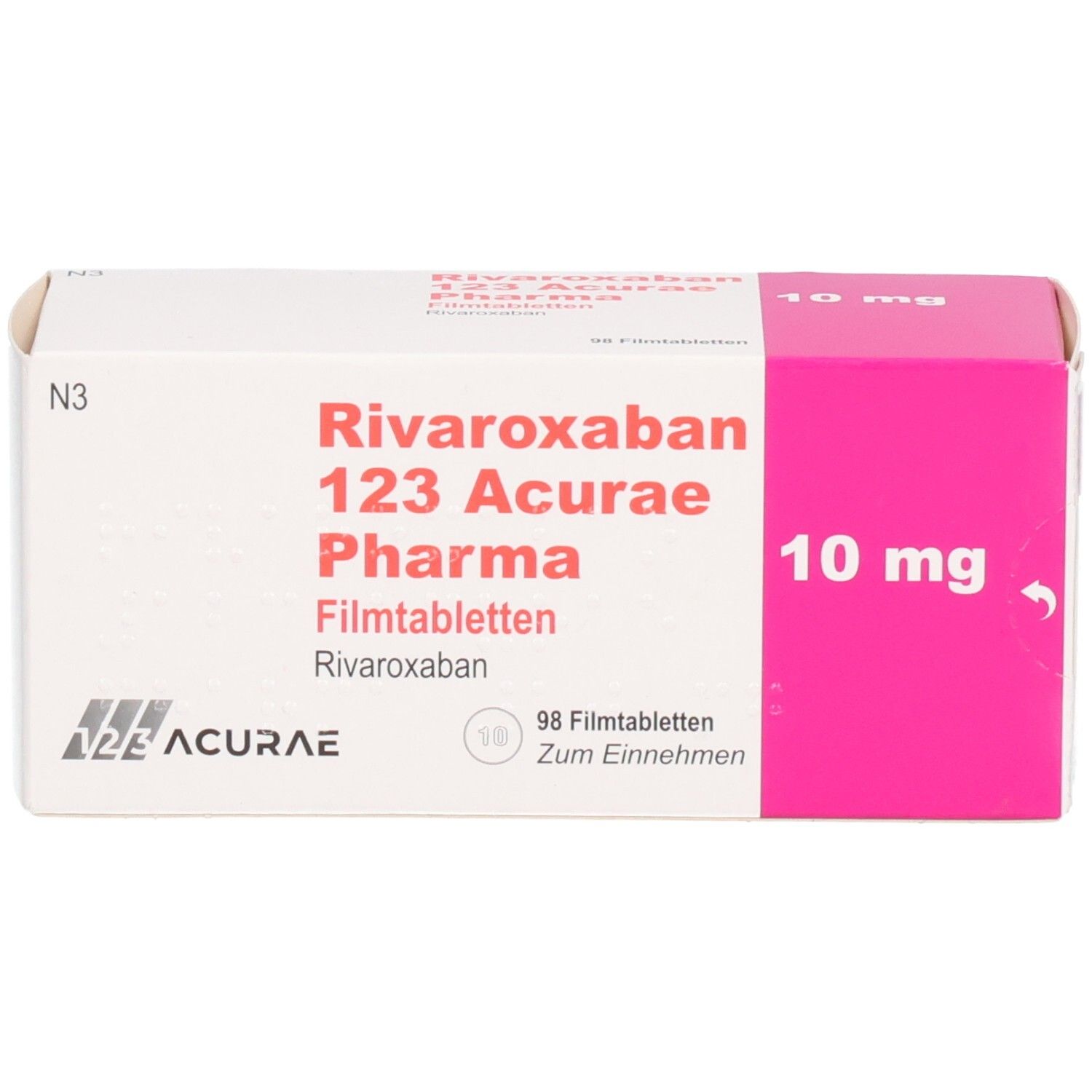 RIVAROXABAN 123 Acurae Pharma Filmtabletten, 10 mg, Packung. Weiße Schachtel mit rosa Akzenten. Aufdruck: Name, Dosierung, Anzahl Tabletten.