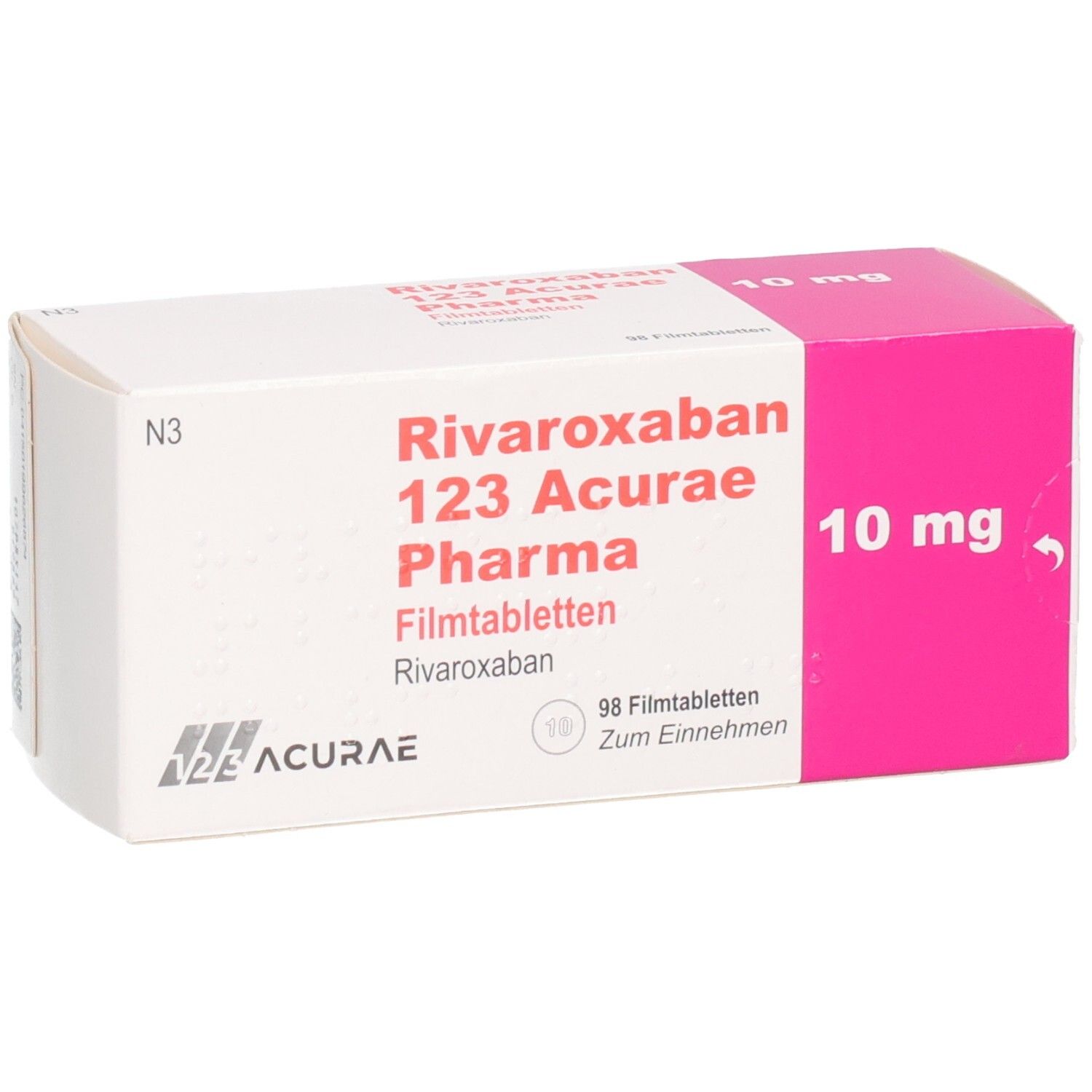 RIVAROXABAN 123 Acurae Pharma Filmtabletten, 10 mg, Packung. Weiße Schachtel mit rosa Akzenten. Aufdruck: Name, Dosierung, Anzahl Tabletten.