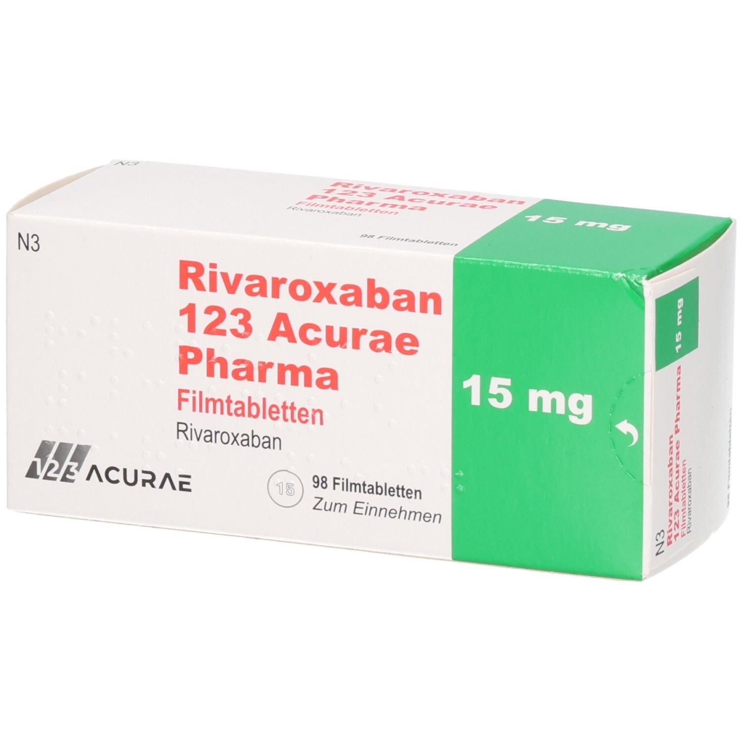 Schachtel mit RIVAROXABAN 123 Acurae Pharma 15 mg Filmtabletten. Weiße Schachtel mit grüner Ecke. Aufschrift: 15 mg, 98 Filmtabletten.
