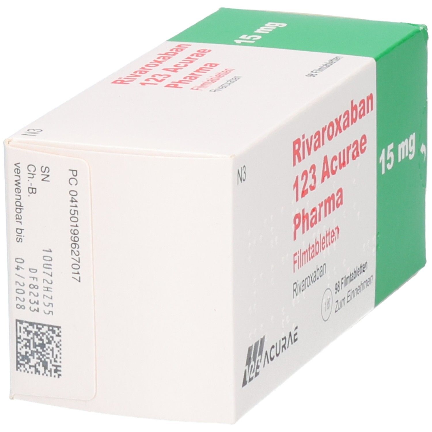 Schachtel RIVAROXABAN 123 Acurae Pharma 15 mg Filmtabletten. Weiße Schachtel mit grüner Ecke. Aufschrift: 15 mg, 98 Filmtabletten. QR-Code.