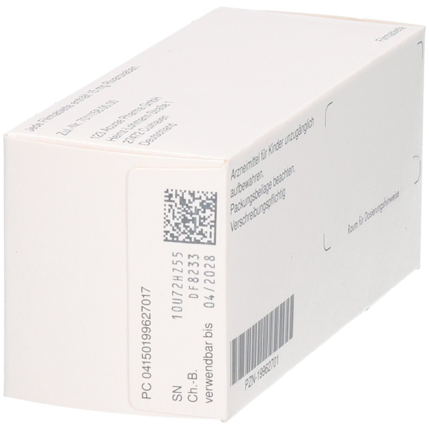 Schachtel mit Informationen. QR-Code und Text: Arzneimittel für Kinder unzugänglich aufbewahren. Packungsbeilage beachten. PZN-19962701.