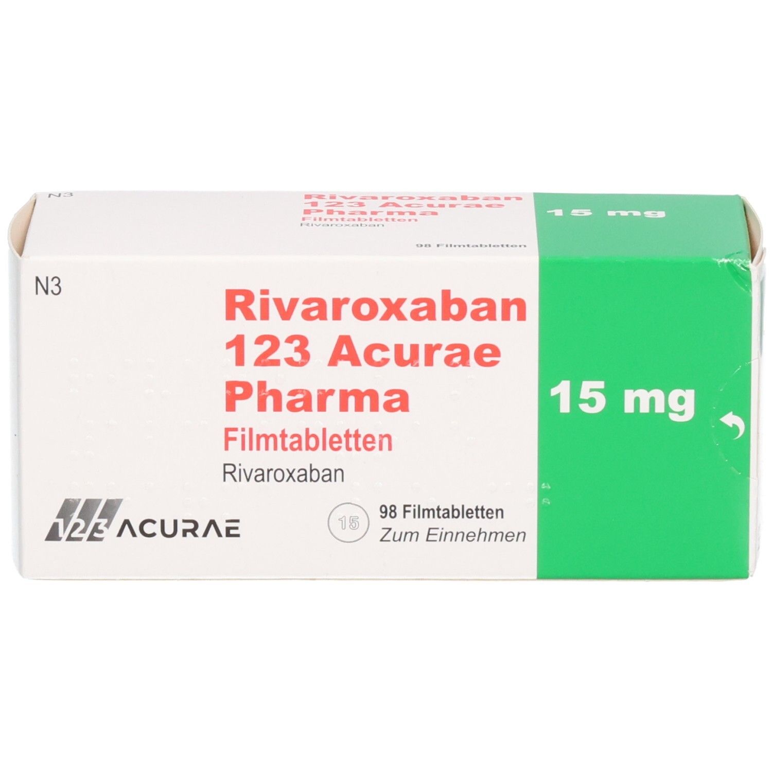 Schachtel mit RIVAROXABAN 123 Acurae Pharma 15 mg Filmtabletten. Weiße Schachtel mit grüner Ecke. Aufschrift: 15 mg, 98 Filmtabletten.