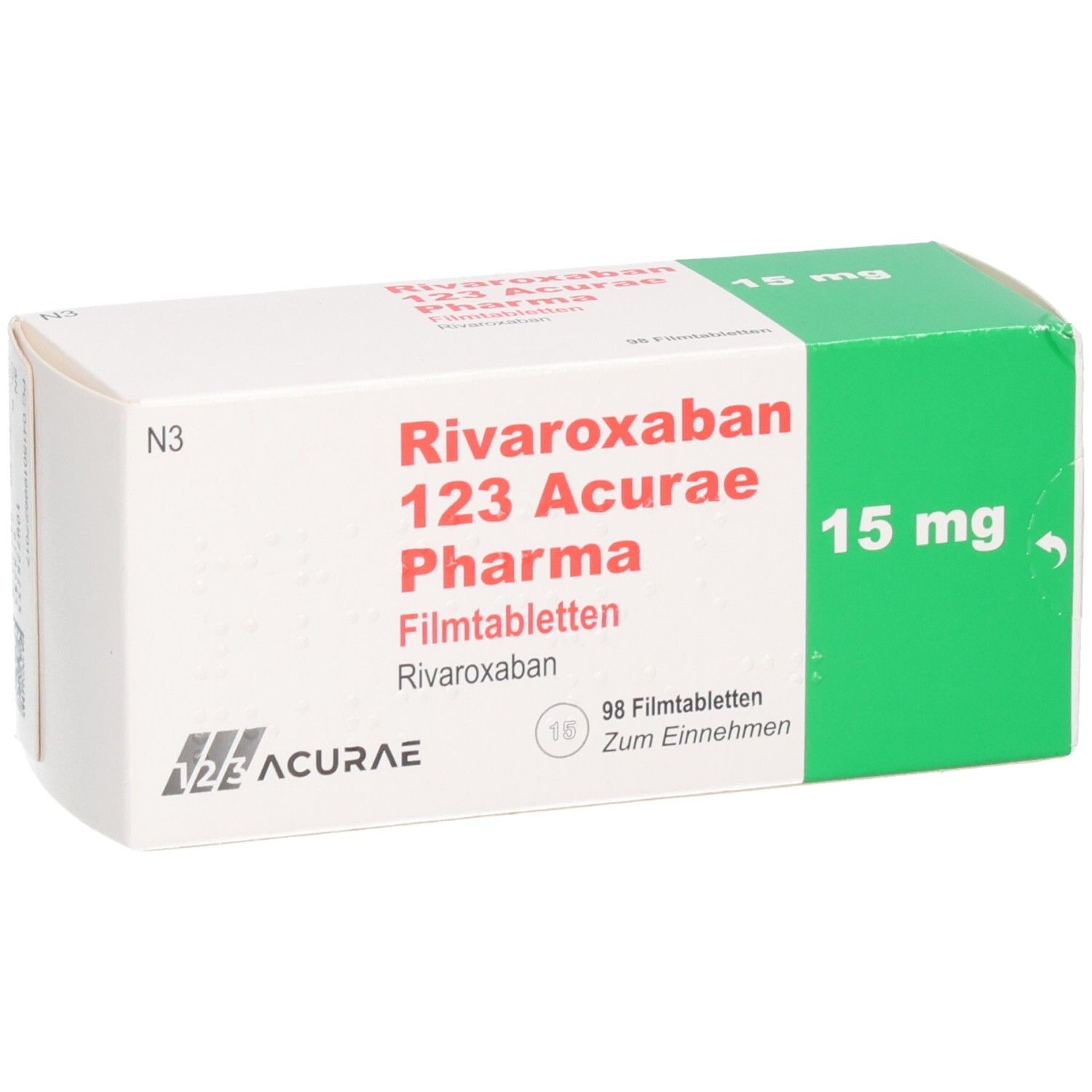 Schachtel mit RIVAROXABAN 123 Acurae Pharma 15 mg Filmtabletten. Weiße Schachtel mit grüner Ecke. Aufschrift: 15 mg, 98 Filmtabletten.
