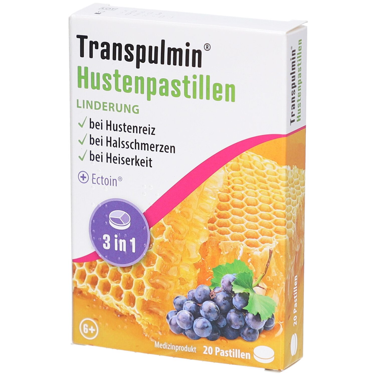 Verpackung von Hustenpastillen. Aufschrift: Transpulmin Hustenpastillen. Abbildung von Honigwabe und Trauben. 20 Pastillen.