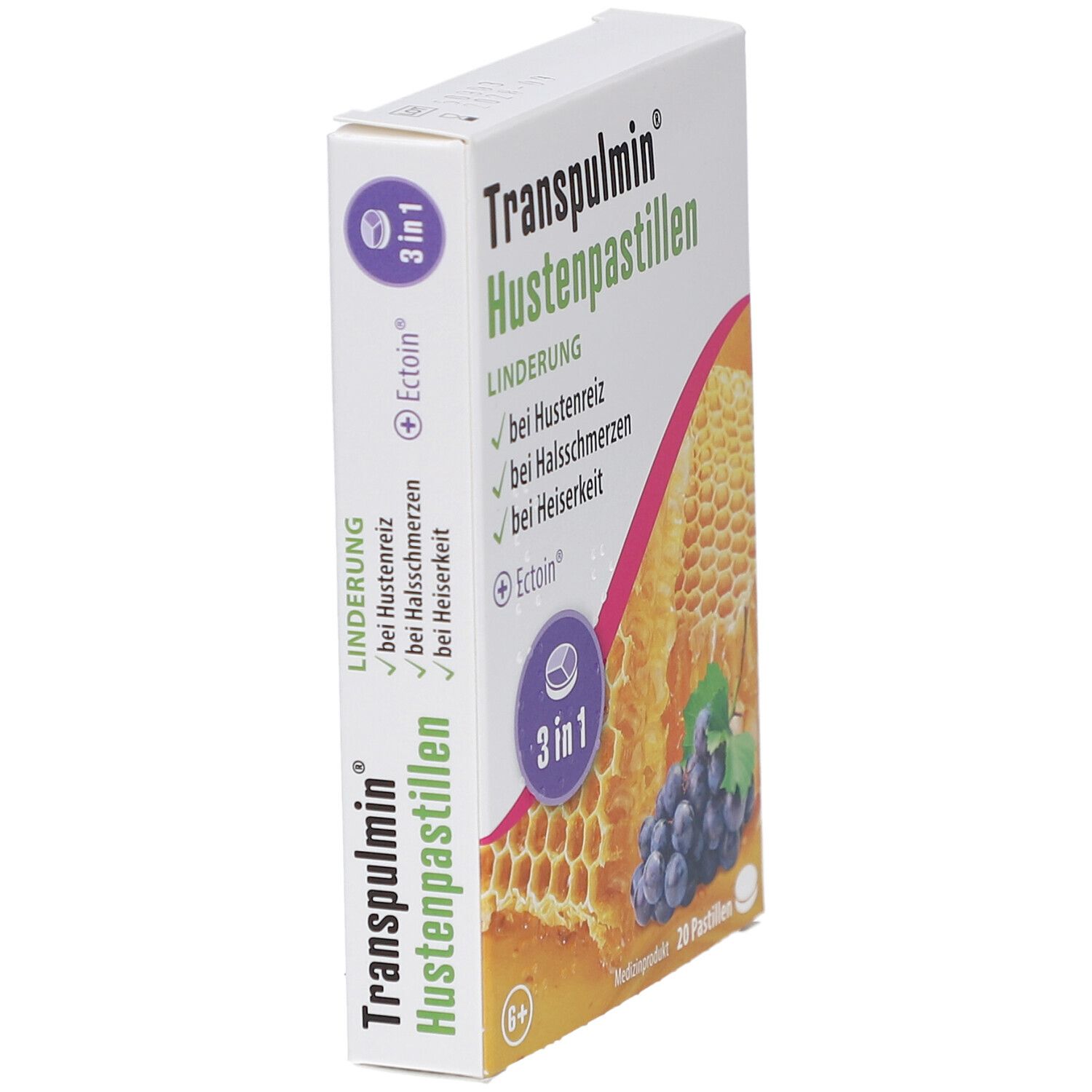 Schräg stehende Verpackung von Hustenpastillen. Aufschrift: Transpulmin Hustenpastillen. Abbildung von Honigwabe und Trauben. 20 Pastillen.