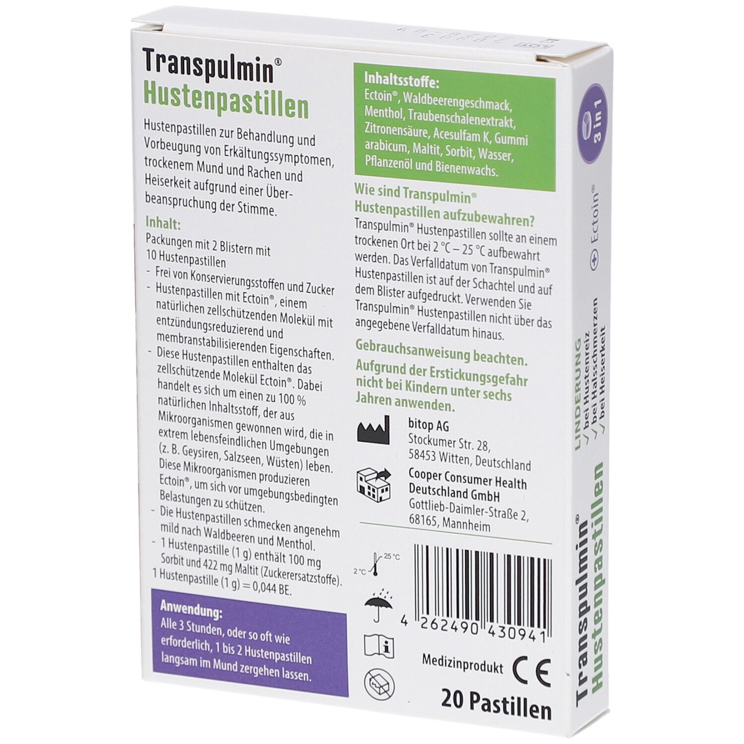 Rückseite der Verpackung von Hustenpastillen. Aufschrift: Transpulmin Hustenpastillen. Textinformationen und Inhaltsstoffe. 20 Pastillen.