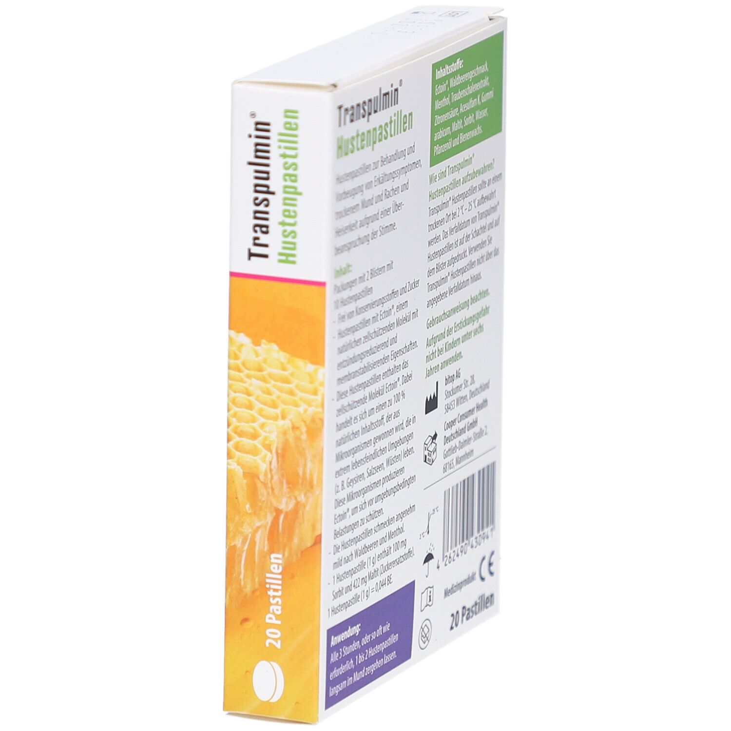 Schräg stehende Verpackung von Hustenpastillen. Aufschrift: Transpulmin Hustenpastillen. Textinformationen und Inhaltsstoffe. 20 Pastillen.