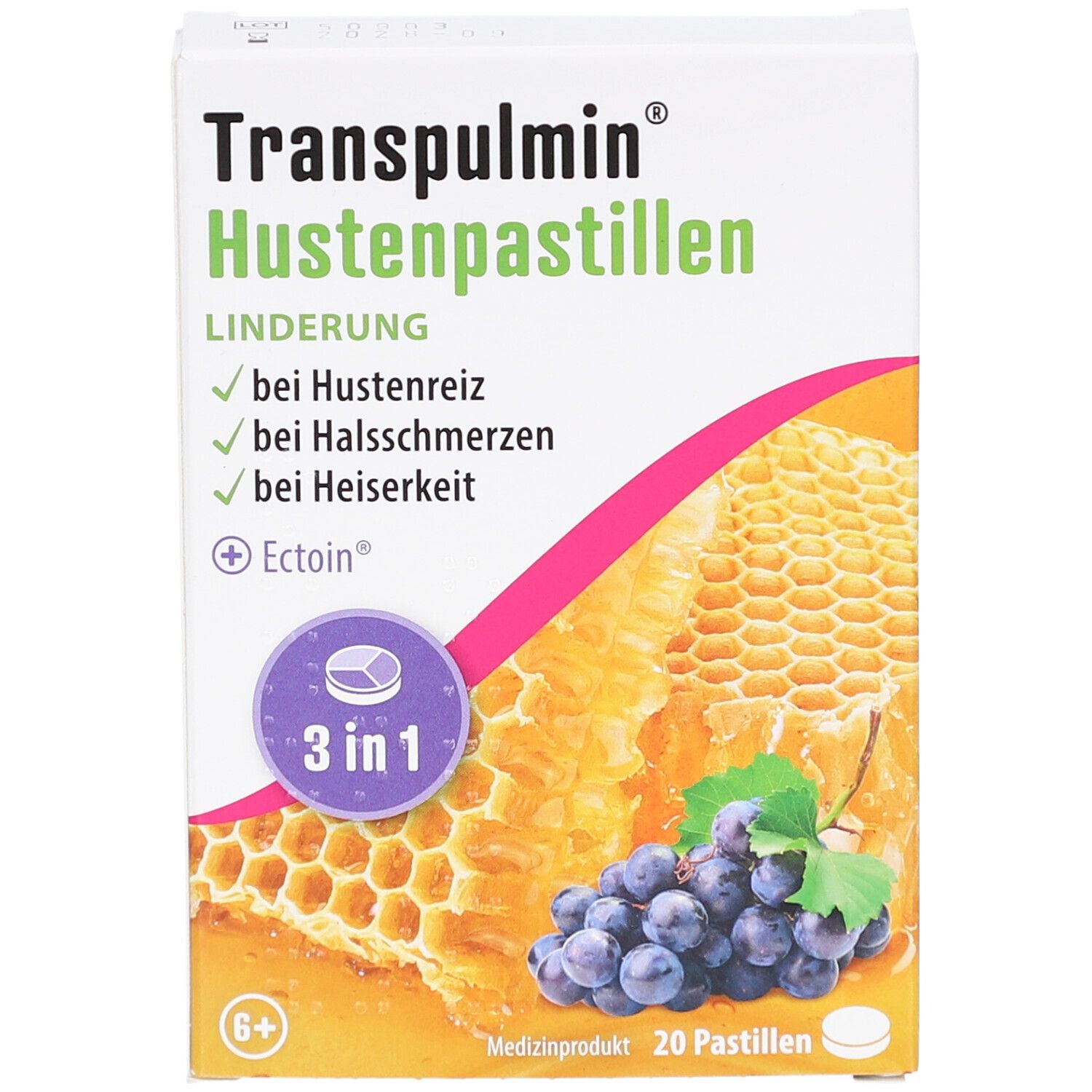 Verpackung von Hustenpastillen. Aufschrift: Transpulmin Hustenpastillen. Abbildung von Honigwabe und Trauben. 20 Pastillen.
