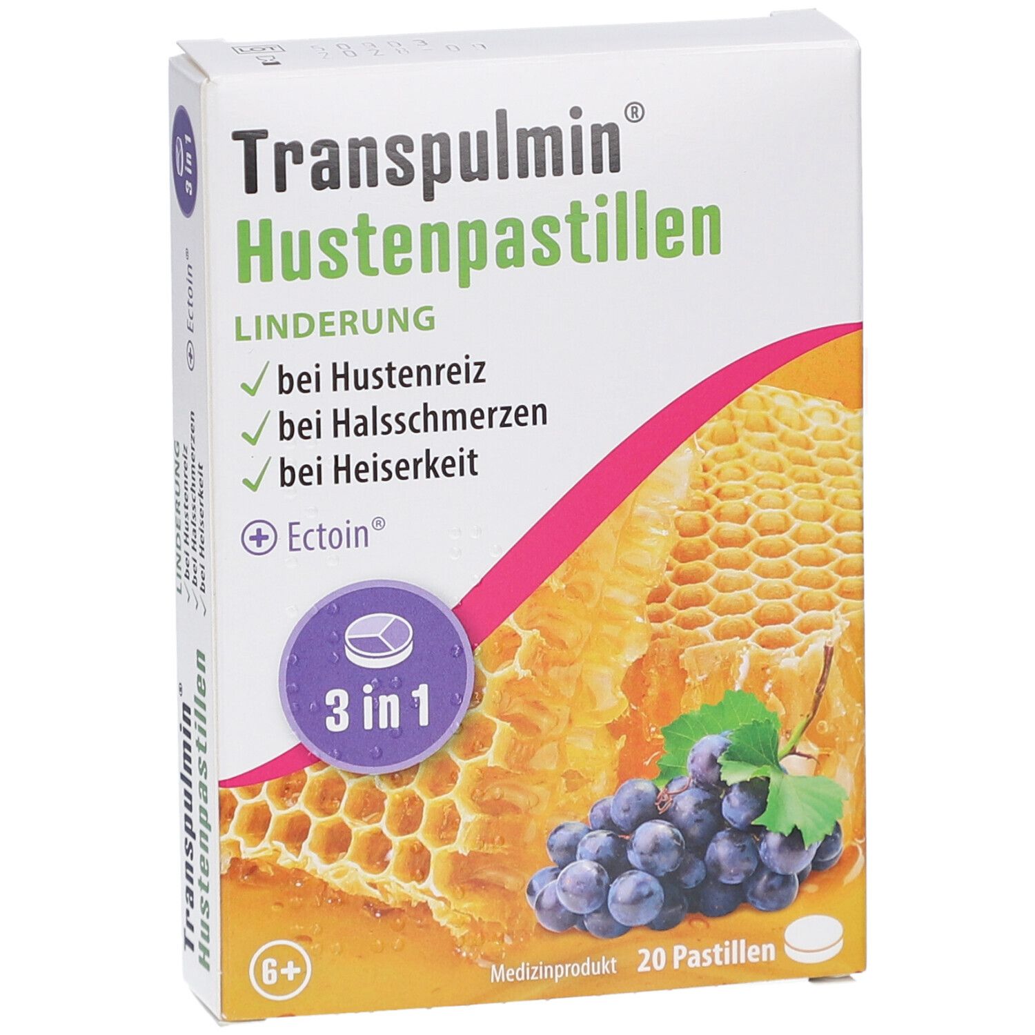 Verpackung von Hustenpastillen. Aufschrift: Transpulmin Hustenpastillen. Abbildung von Honigwabe und Trauben. 20 Pastillen.