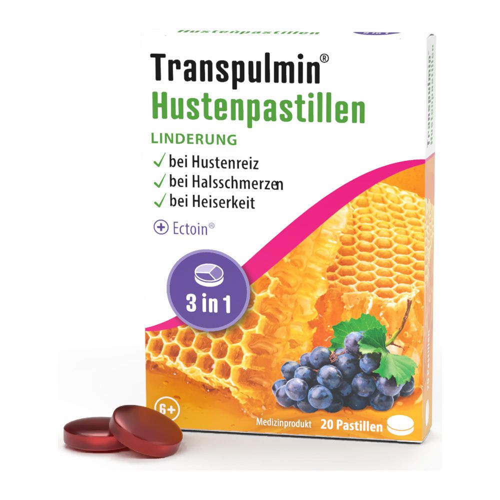 Schachtel mit Transpulmin Hustenpastillen. Aufschrift: Linderung bei Hustenreiz, Halsschmerzen, Heiserkeit. 20 Pastillen. 3 in 1.