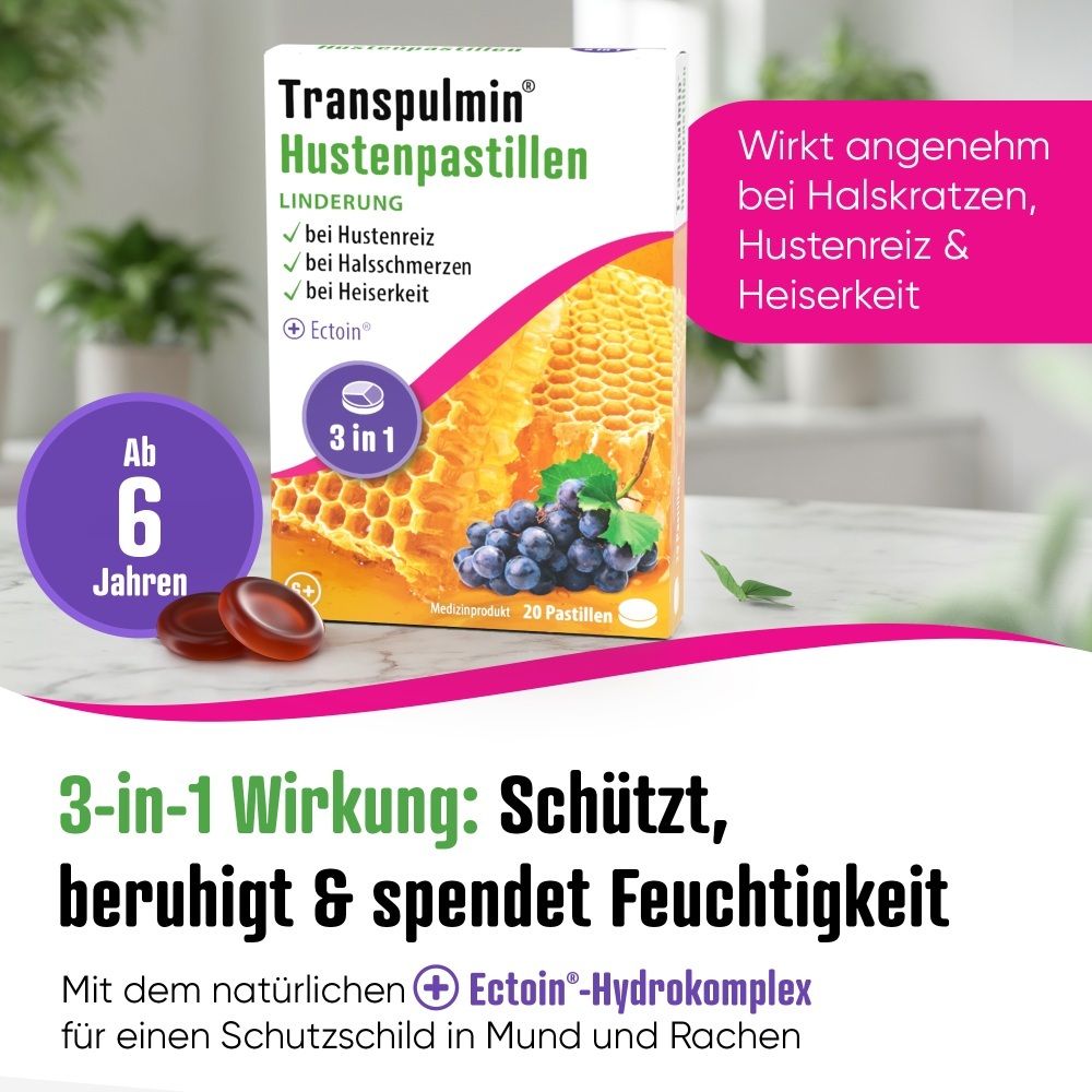 Transpulmin Hustenpastillen Verpackung mit Honigwaben und Trauben. 3-in-1 Wirkung.